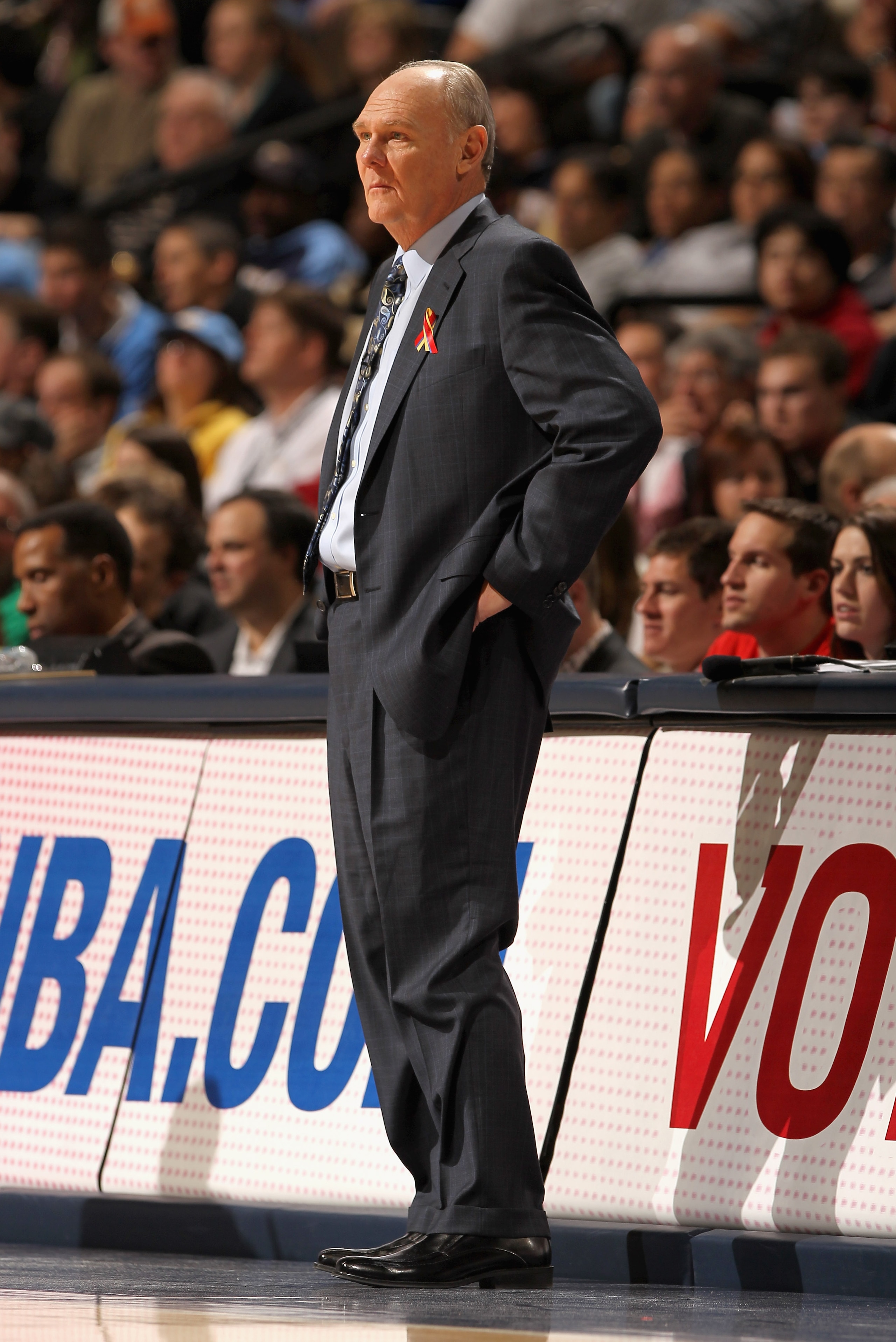 DENVER, CO - JANUARY 13:  Head coach George Karl of the Denver Nuggets looks on during a break in the action against the Miami Heat at the Pepsi Center on January 13, 2011 in Denver, Colorado. The Nuggets defeated the Heat 130-102. NOTE TO USER: User expr
