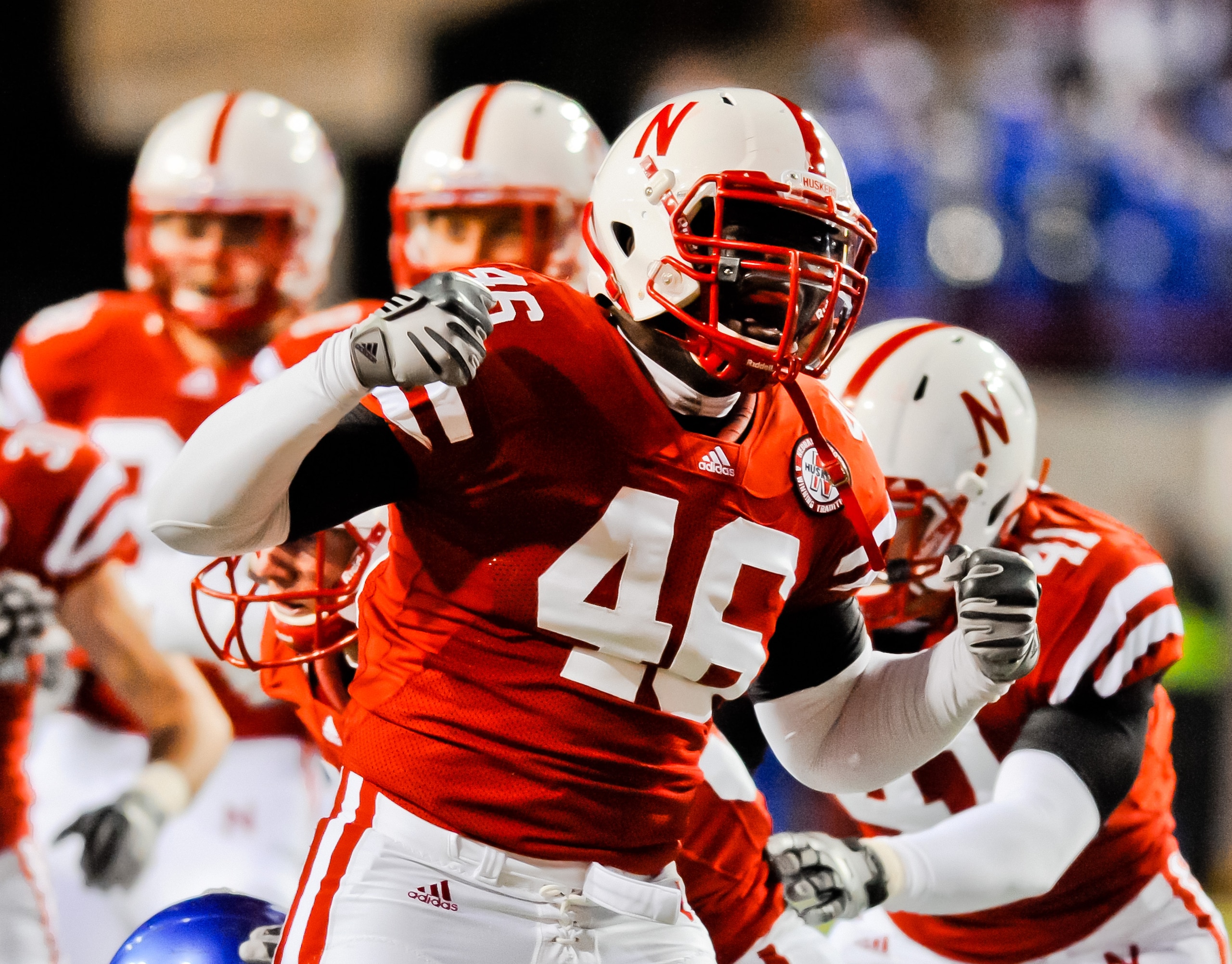 LINCOLN, NE - NOVEMBER 13: Eric Martin #46 of the Nebraska Cornhuskers celebrates a big hit during first half action of their game at Memorial Stadium on November 13, 2010 in Lincoln, Nebraska. (Photo by Eric Francis/Getty Images)