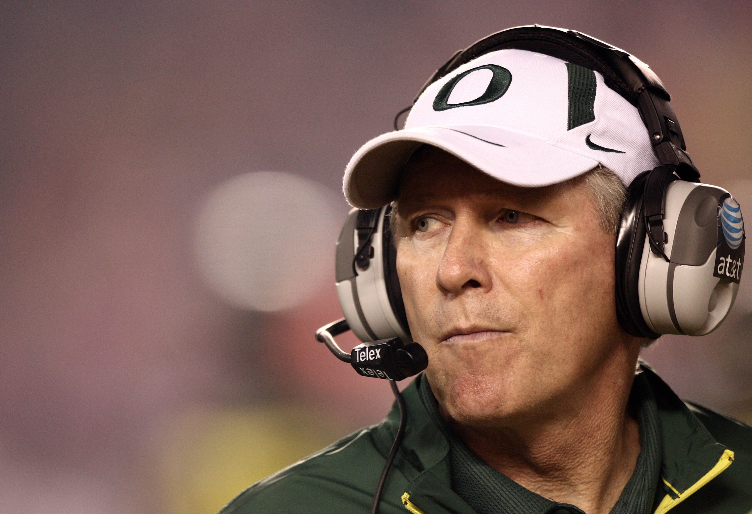 SAN DIEGO, CA - DECEMBER 30:  Head Coach Mike Bellotti of the University of Oregon Ducks looks on from the sidelines against the Oklahoma State University Cowboys during the Pacific Life Holiday Bowl at Qualcomm Stadium on December 30, 2008 in San Diego,