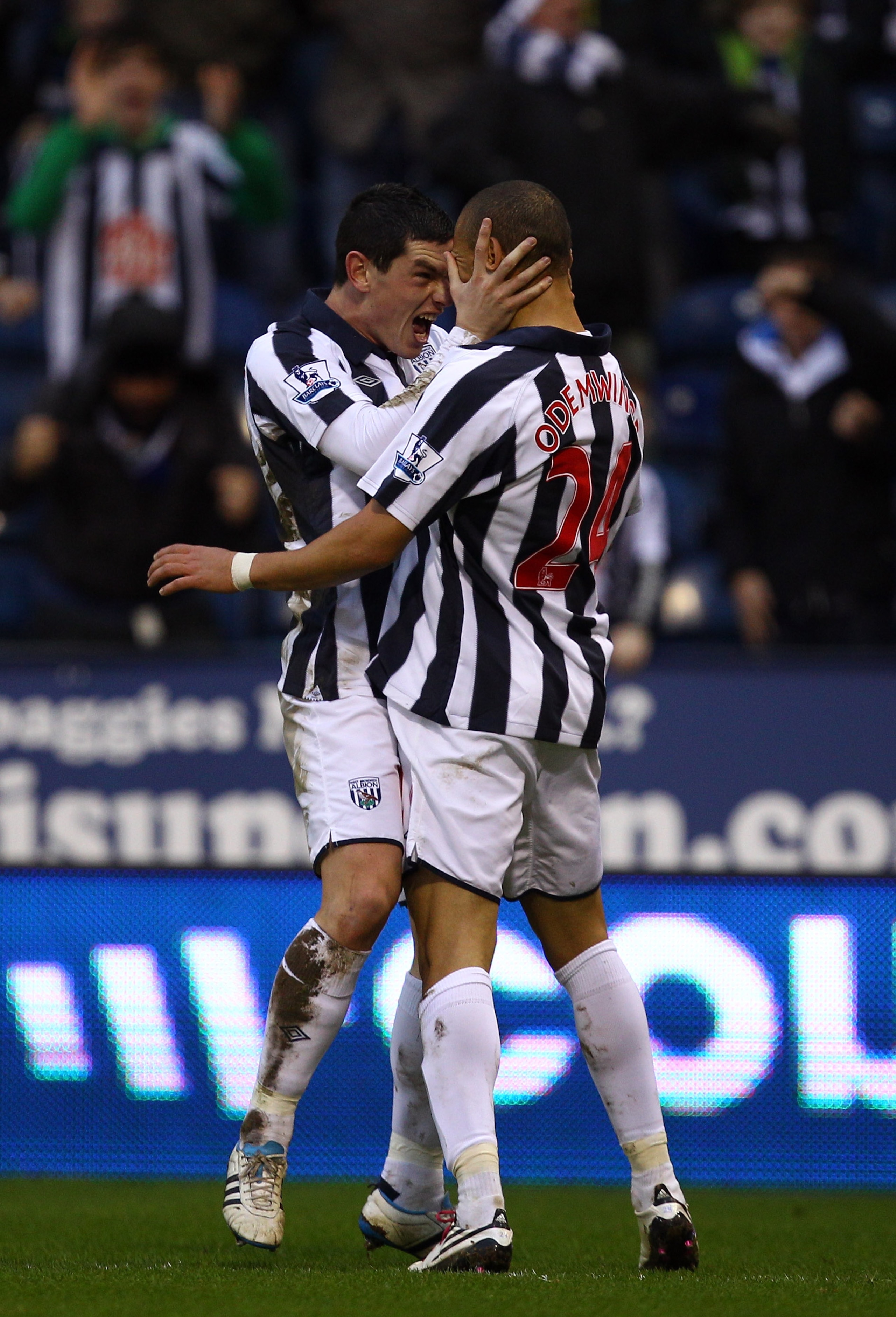 WEST BROMWICH, ENGLAND - JANUARY 15:  Peter Odemwingie of West Brom celebrates scoring the first goal with Graham Dorrans during the Barclays Premier League match between West Bromwich Albion and Blackpool at The Hawthorns on January 15, 2011 in West Brom