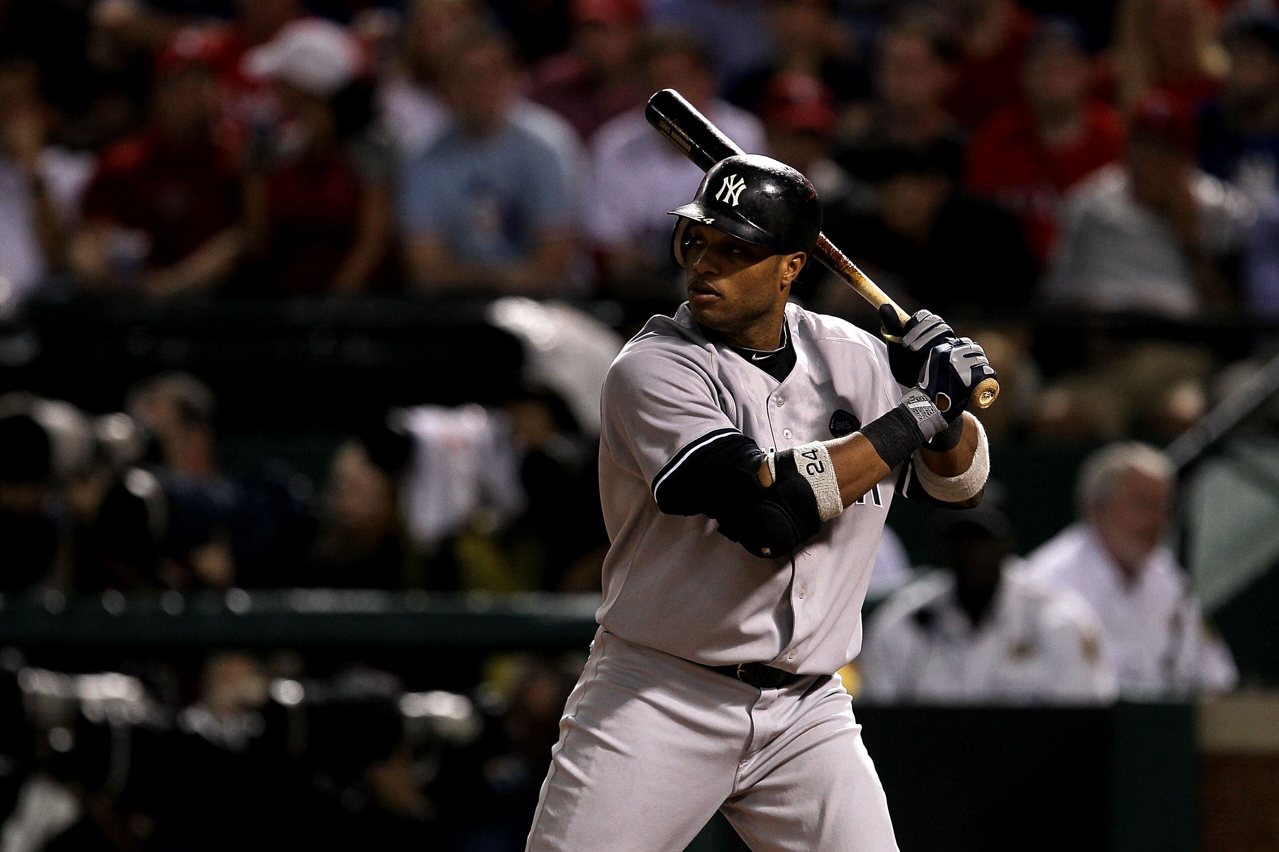 ARLINGTON, TX - OCTOBER 22: Robinson Cano #24 of the New York Yankees bats against the Texas Rangers in Game Six of the ALCS during the 2010 MLB Playoffs at Rangers Ballpark in Arlington on October 22, 2010 in Arlington, Texas. The Rangers won 6-1. (Pho ARLINGTON, TX - OCTOBER 22: Robinson Cano #24 of the New York Yankees bats against the Texas Rangers in Game Six of the ALCS during the 2010 MLB Playoffs at Rangers Ballpark in Arlington on October 22, 2010 in Arlington, Texas. The Rangers won 6-1. (Pho