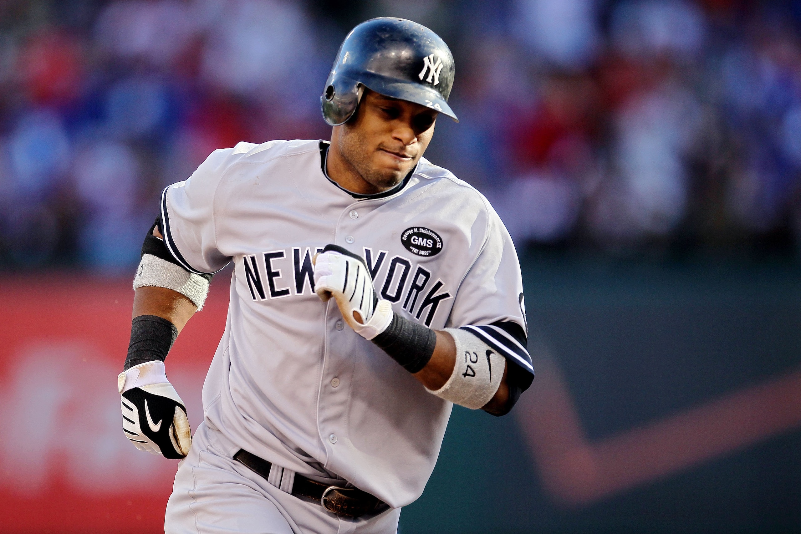 ARLINGTON, TX - OCTOBER 16: Robinson Cano #24 of the New York Yankees rounds the bases after hitting a solo homerun in the sixth inning against the Texas Rangers in Game Two of the ALCS during the 2010 MLB Playoffs at Rangers Ballpark in Arlington on Oct ARLINGTON, TX - OCTOBER 16: Robinson Cano #24 of the New York Yankees rounds the bases after hitting a solo homerun in the sixth inning against the Texas Rangers in Game Two of the ALCS during the 2010 MLB Playoffs at Rangers Ballpark in Arlington on Oct