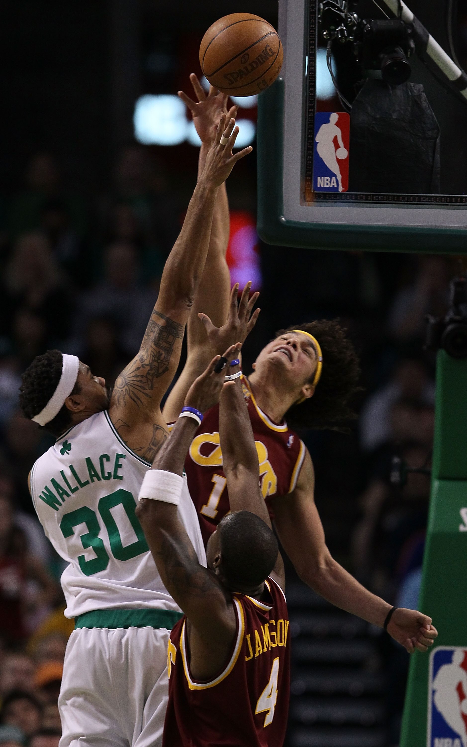 BOSTON - MAY 09:  Anderson Varejao #17 of the Cleveland Cavaliers tries to block a shot by Rasheed Wallace #30 of the Boston Celtics during Game Four of the Eastern Conference Semifinals of the 2010 NBA playoffs at TD Garden on May 9, 2010 in Boston, Mass