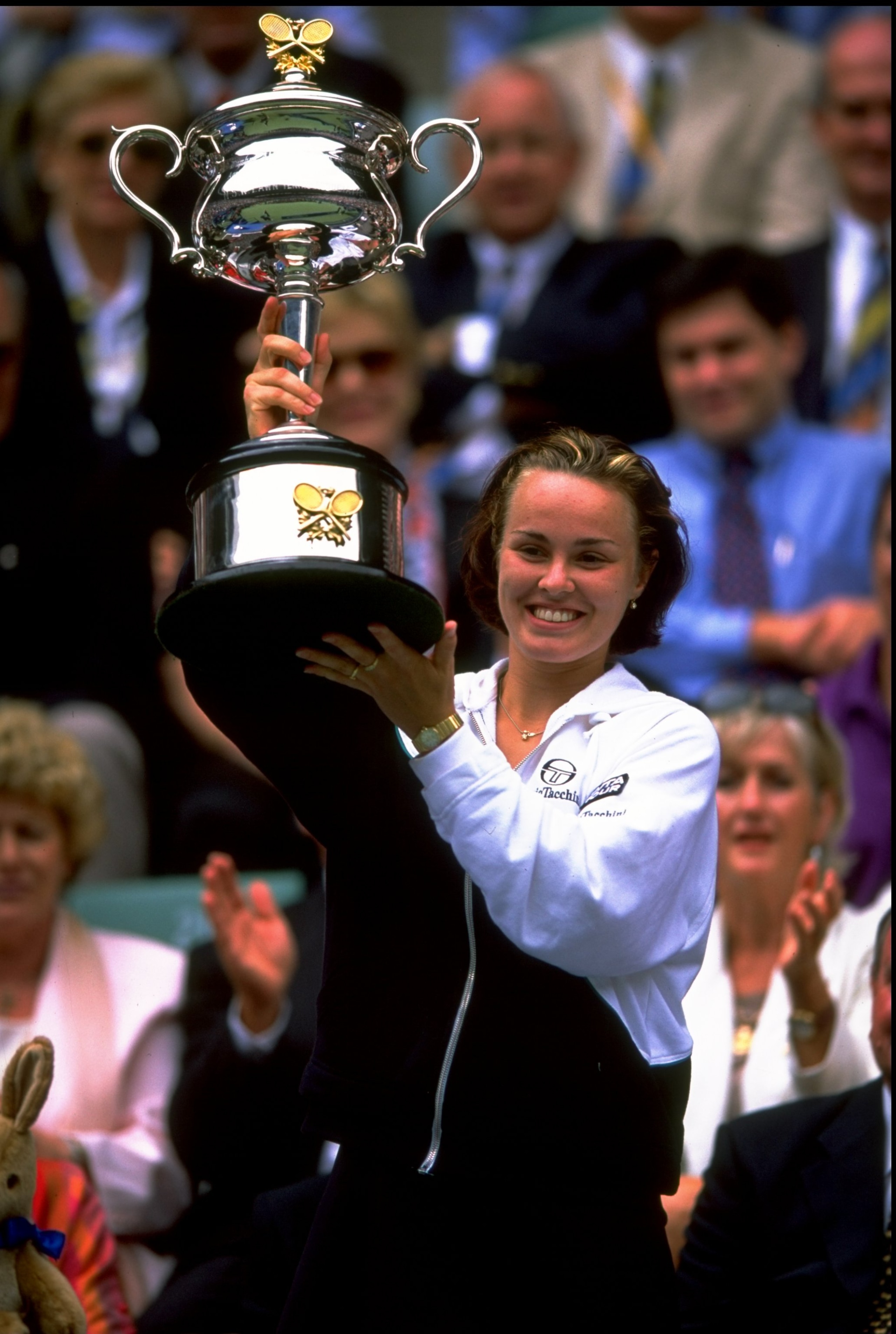 30 Jan 1999:  Martina Hingis of Switzerland celebrates with the trophy after winning the Australian Open at Melbourne Park in Australia.  \ Mandatory Credit: Clive Brunskill /Allsport