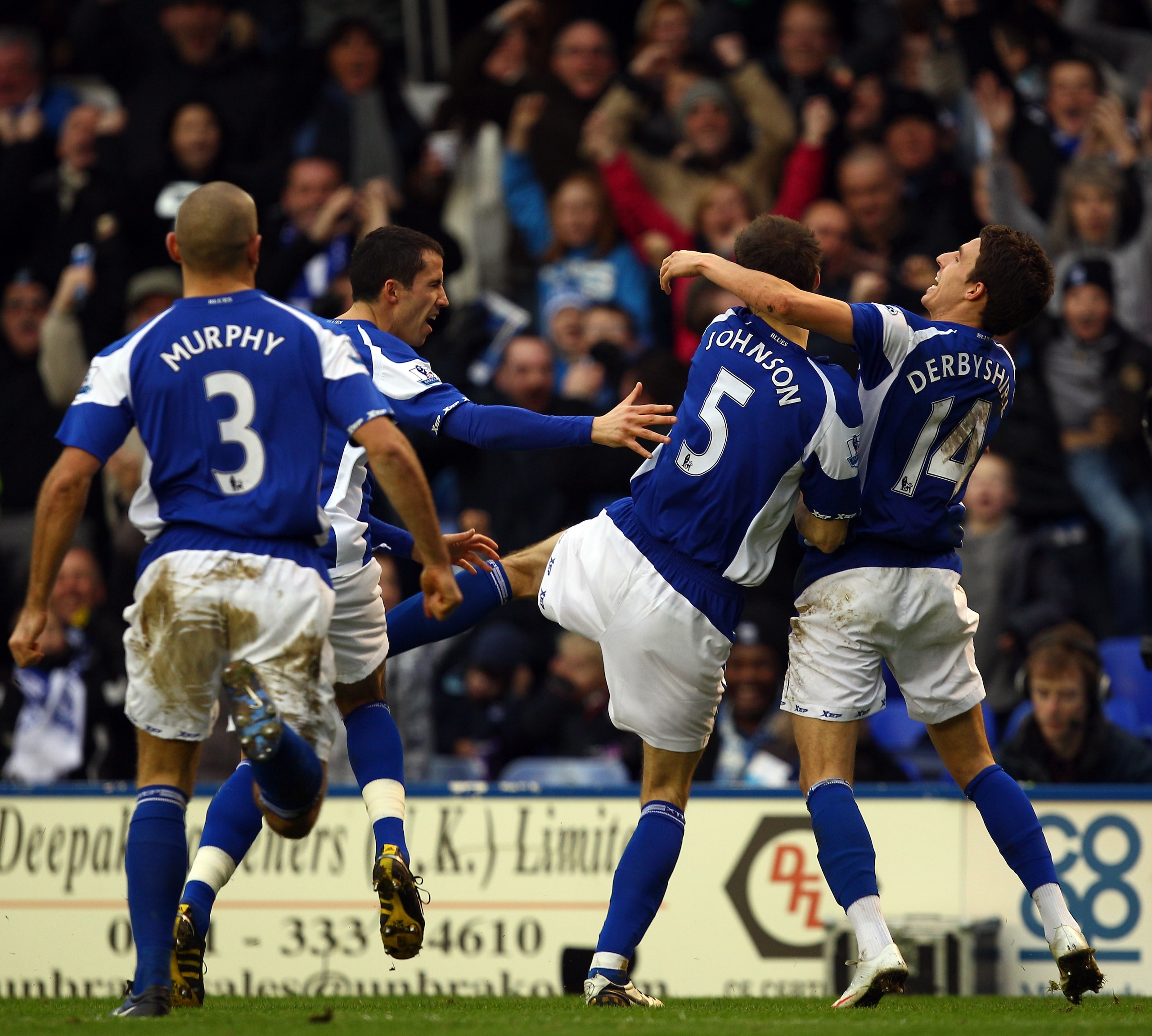 BIRMINGHAM, ENGLAND - JANUARY 16:  Roger Johnson of Birmingham celebrates scoring the opening goal during the Barclays Premier League match between Birmingham City and Aston Villa at St.Andrews on January 16, 2011 in Birmingham, England.  (Photo by Richar