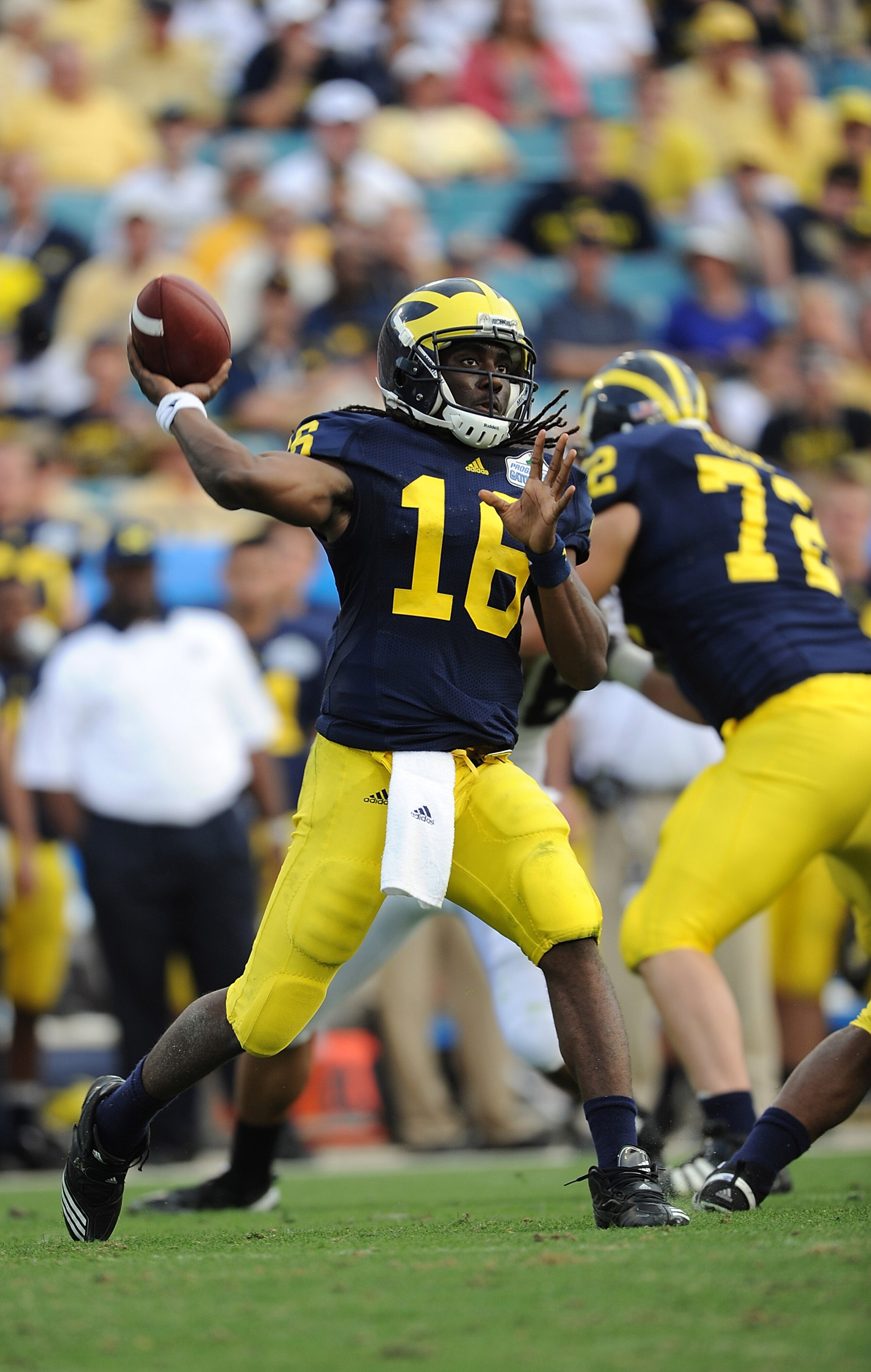 JACKSONVILLE, FL - JANUARY 01: Quarterback Denard Robinson #16 of the Michigan Wolverines passes against the Mississippi State Bulldogs during the Gator Bowl at EverBank Field on January 1, 2011 in Jacksonville, Florida (Photo by Rick Dole/Getty Images) JACKSONVILLE, FL - JANUARY 01: Quarterback Denard Robinson #16 of the Michigan Wolverines passes against the Mississippi State Bulldogs during the Gator Bowl at EverBank Field on January 1, 2011 in Jacksonville, Florida (Photo by Rick Dole/Getty Images)