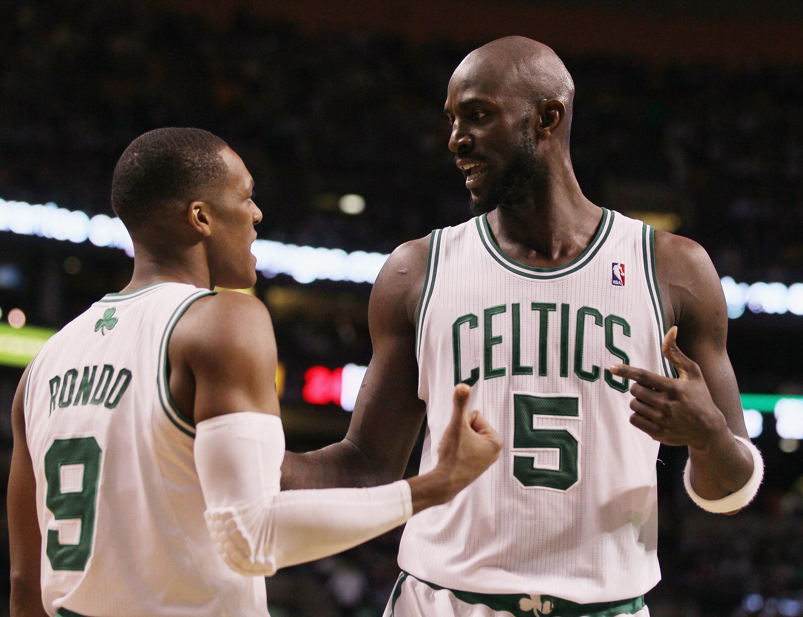BOSTON, MA - JANUARY 17: Kevin Garnett #5 and Rajon Rondo #9 of the Boston Celtics talk before the Orlando Magic pass the ball in bounds on January 17, 2011 at the TD Garden in Boston, Massachusetts. The Celtics defeated the Magic 109-106. NOTE TO USER: BOSTON, MA - JANUARY 17: Kevin Garnett #5 and Rajon Rondo #9 of the Boston Celtics talk before the Orlando Magic pass the ball in bounds on January 17, 2011 at the TD Garden in Boston, Massachusetts. The Celtics defeated the Magic 109-106. NOTE TO USER: