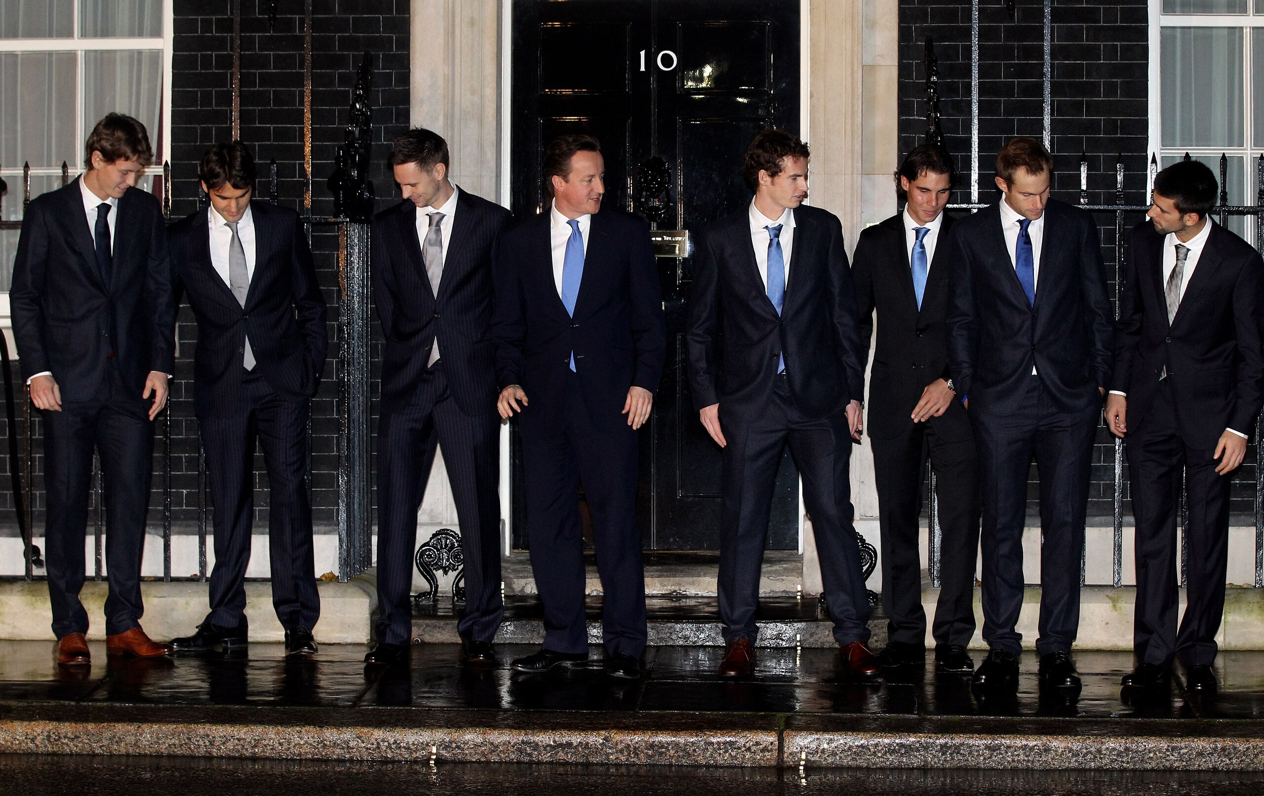 LONDON, ENGLAND - NOVEMBER 18:  British Prime Minister David Cameron (C) meets ATP Tour Final tennis players (L-R) Tomas Berdych of Czech Republic, Roger Federer of Switzerland, Robin Soderling of Sweden, Andy Murray of Scotland, Rafael Nadal of Spain, An