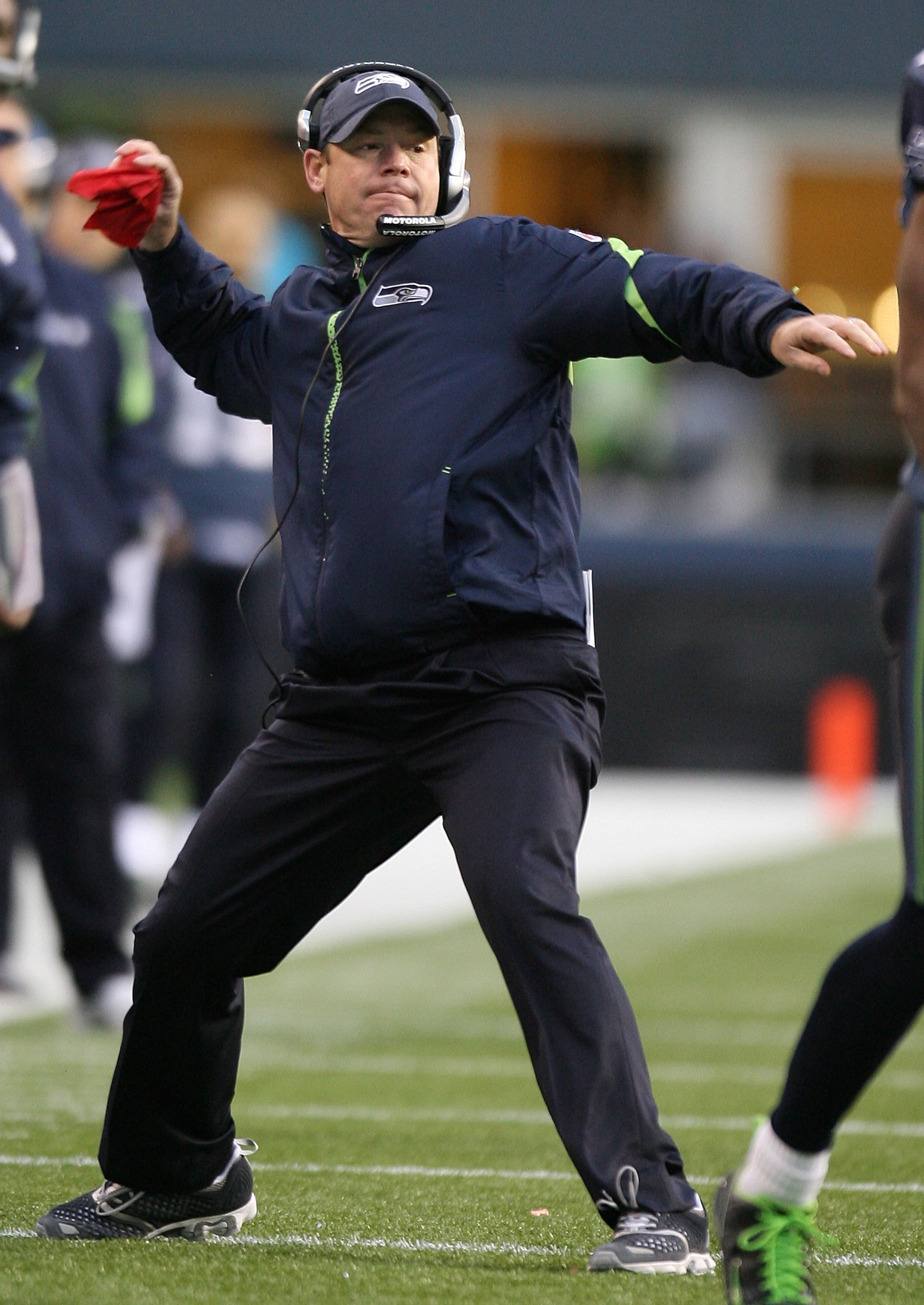 SEATTLE - JANUARY 03:  Head coach Jim Mora of the Seattle Seahawks challenges a touchdown call during the game against the Tennessee Titans on January 3, 2010 at Qwest Field in Seattle, Washington. The touchdown stood and the Titans defeated the Seahawks