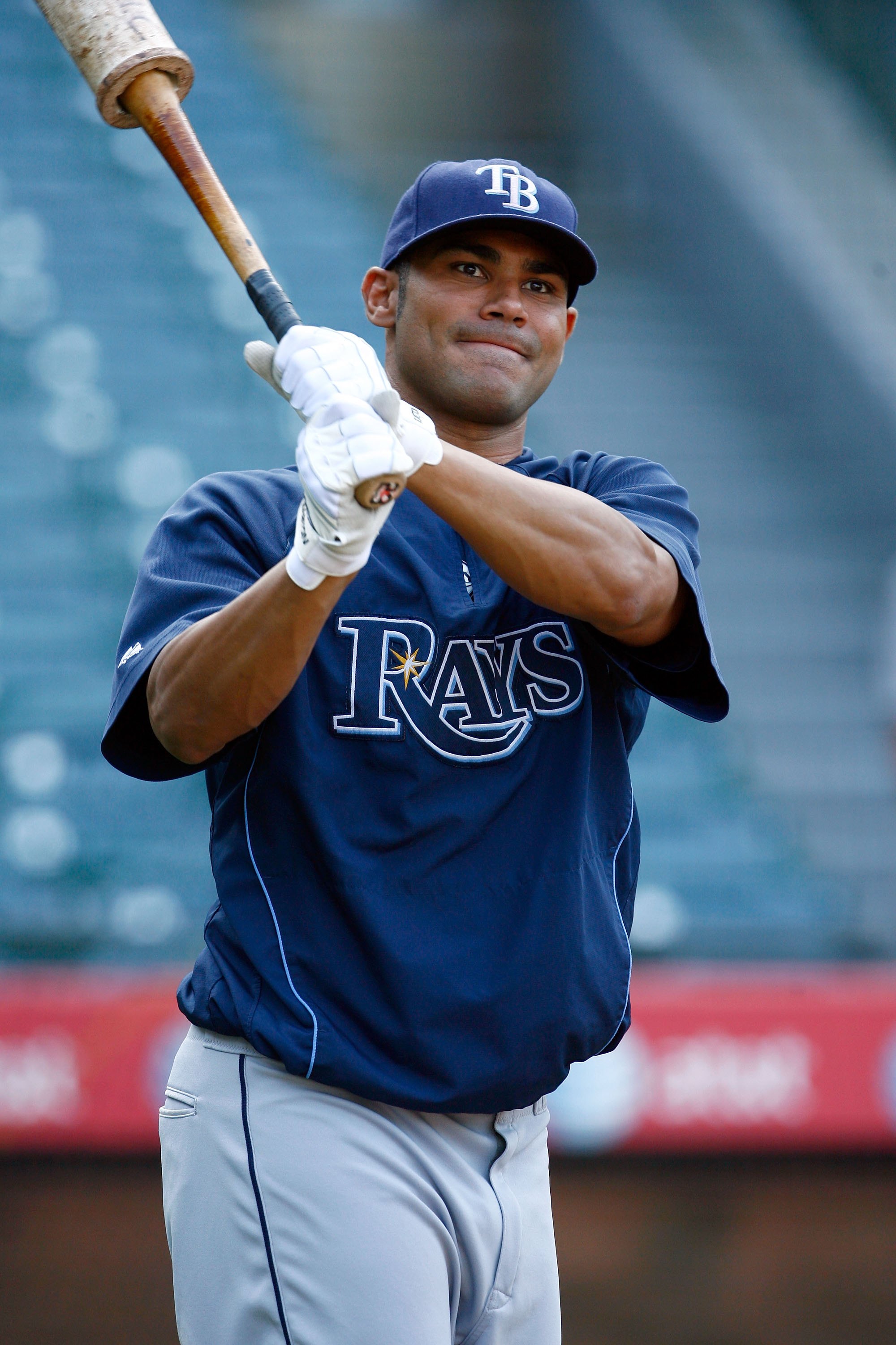 ANAHEIM, CA - AUGUST 10:  Carlos Pena #23 of the Tampa Bay Rays looks on during batting practice prior to the game against the Los Angeles Angels of Anaheim at Angel Stadium on August 10, 2009 in Anaheim, California.  (Photo by Jeff Gross/Getty Images)