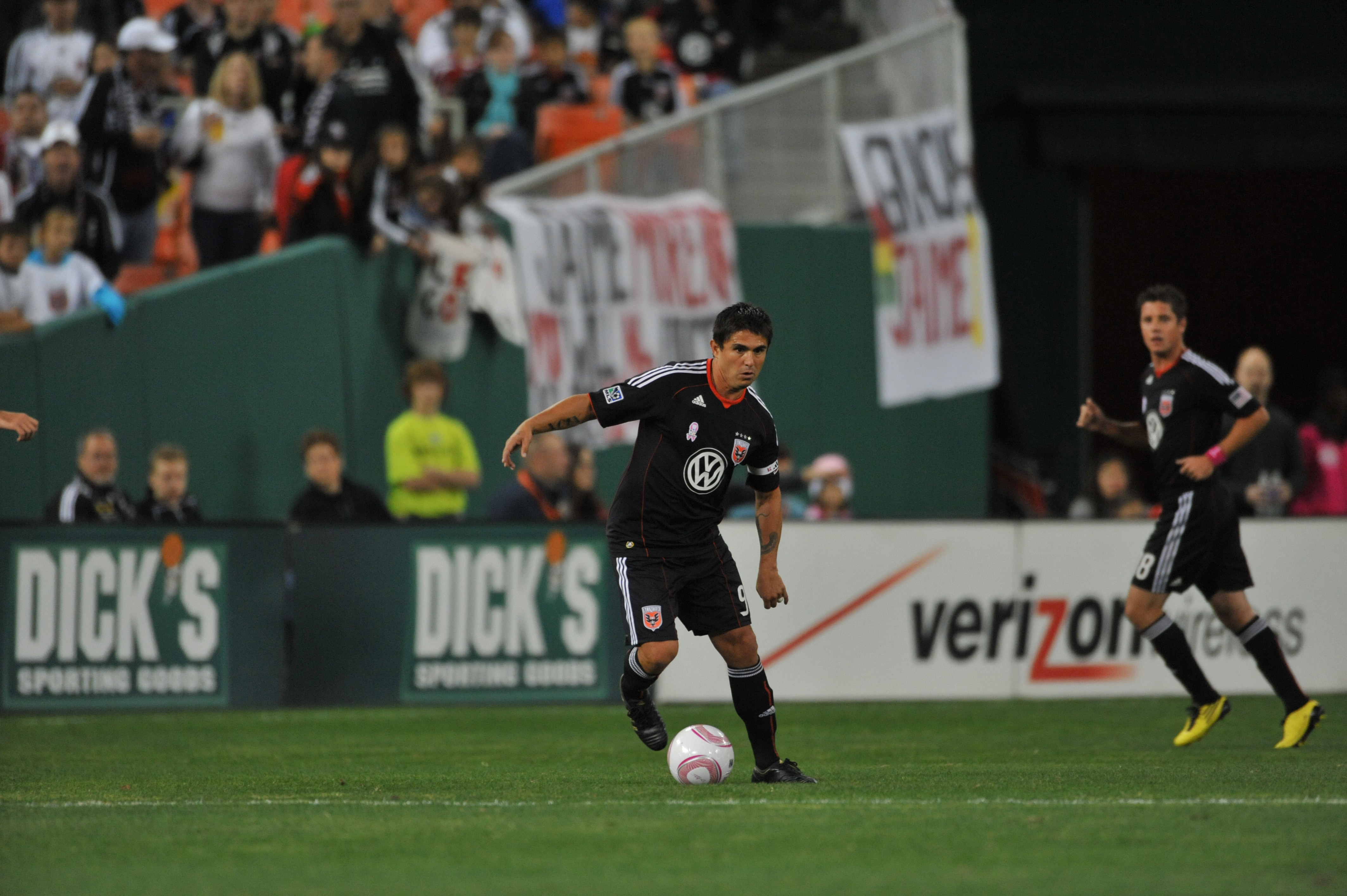 WASHINGTON, DC - OCTOBER 23:  Jaime Moreno #99 of D.C. United dribbles the ball during the game against Toronto FC at RFK Stadium on October 23, 2010 in Washington, DC. Toronto defeated DC 3-2. (Photo by Larry French/Getty Images)