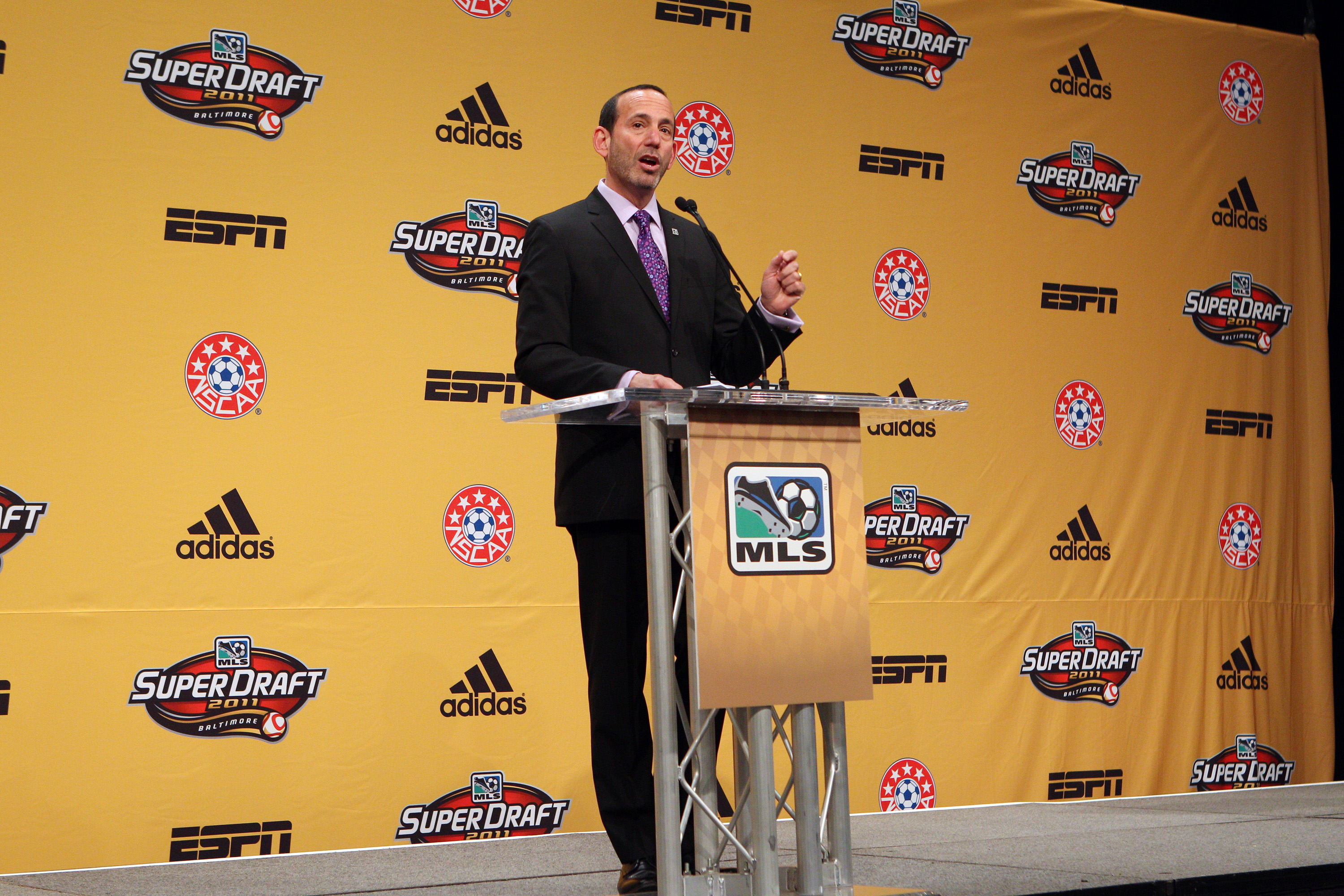 BALTIMORE, MD - JANUARY 13: MLS Commissioner Don Garber speaks from the podium during the 2011 MLS SuperDraft on January 13, 2011 at the Baltimore Convention Center in Baltimore, Maryland. (Photo by Ned Dishman/Getty Images)