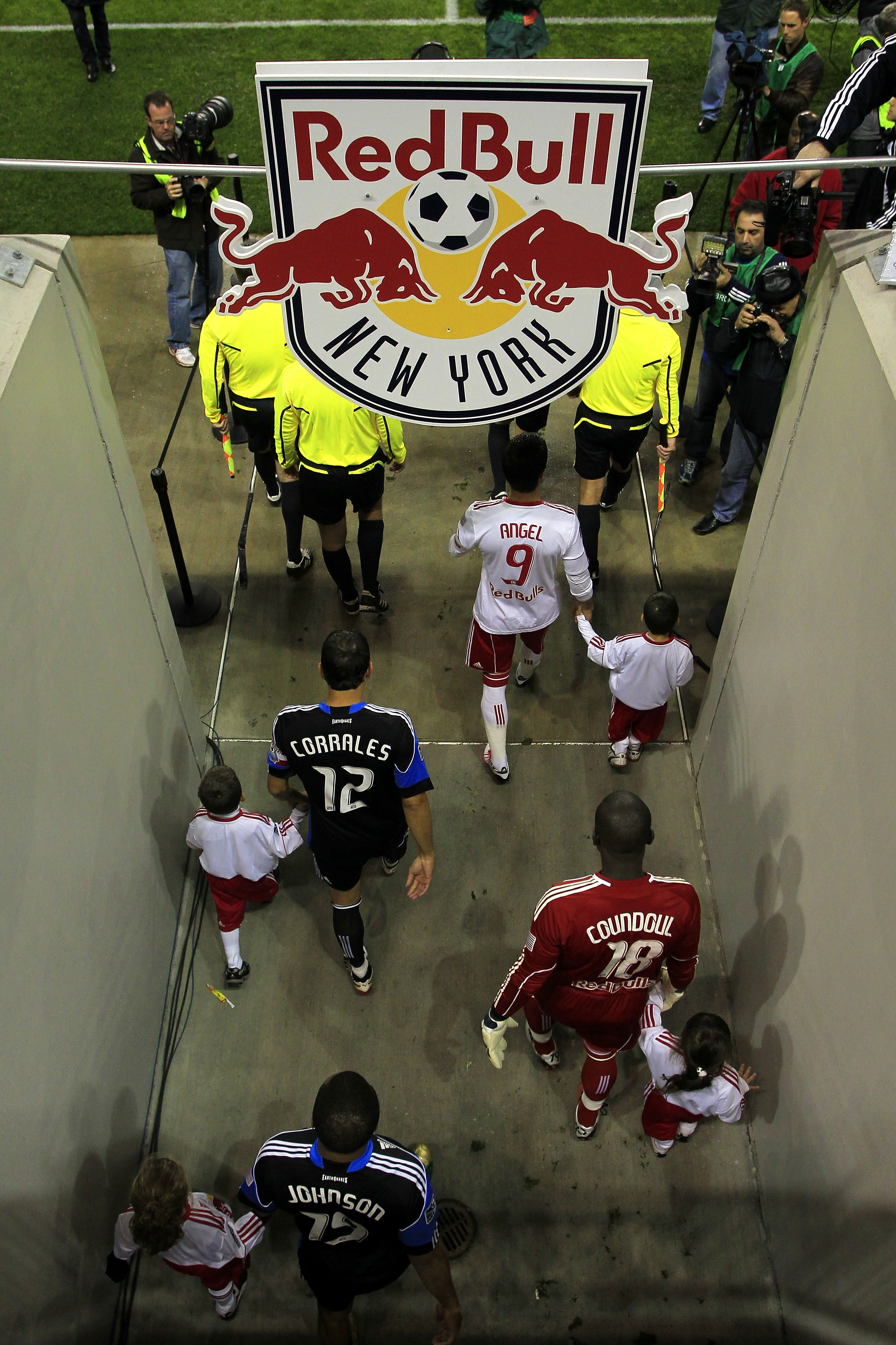 HARRISON, NJ - NOVEMBER 04:  San Jose Earthquakes and the New York Red Bulls enter the field prior to the second leg of the of the MLS playoffs at Red Bull Arena on November 4, 2010 in Harrison, New Jersey. The Earthquakes defeated the Red Bulls 3-2 on ag