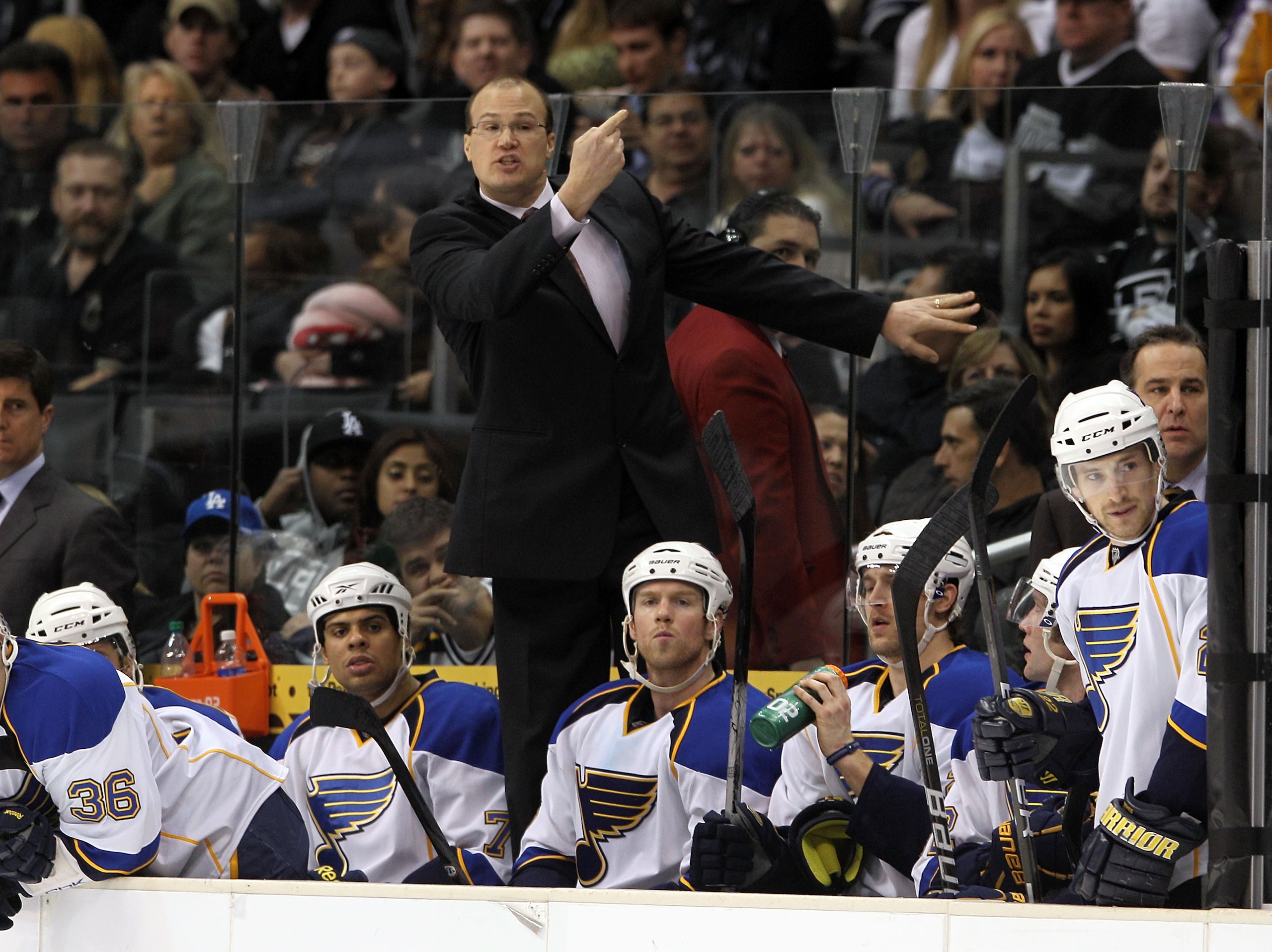 LOS ANGELES, CA - JANUARY 13: Head coach Davis Payne of the St. Louis Blues gives players last minute instructions in their game against the Los Angeles Kings at the Staples Center on January 13, 2011 in Los Angeles, California. The Blues defeated the Kin