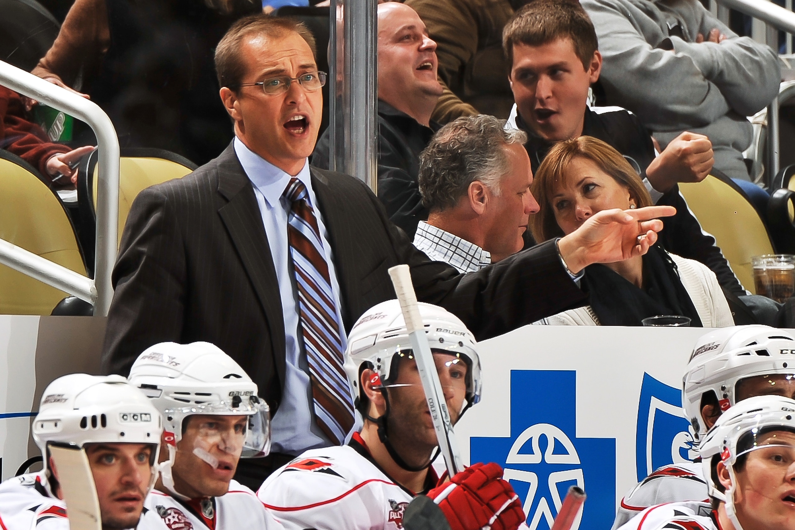 PITTSBURGH - NOVEMBER 19:  Head Coach Paul Maurice of the Carolina Hurricanes shouts instructions to his team during a game against the Pittsburgh Penguins on November 19, 2010 at Consol Energy Center in Pittsburgh, Pennsylvania.  (Photo by Jamie Sabau/Ge