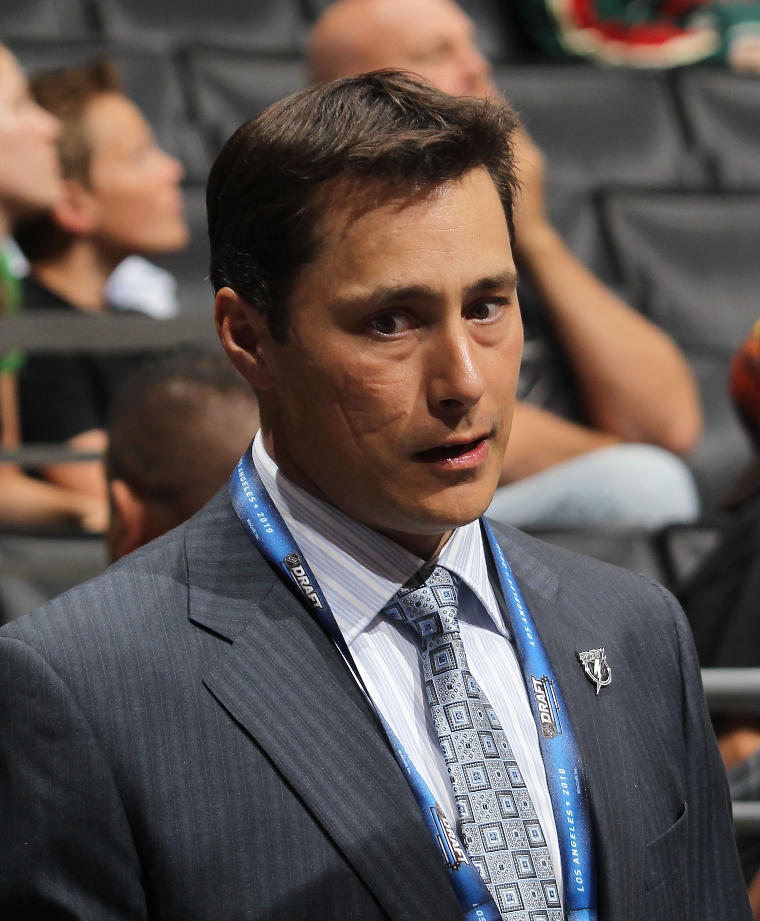 LOS ANGELES, CA - JUNE 25:  Head coach Guy Boucher of the Tampa Bay Lightning works on the draft floor during the 2010 NHL Entry Draft at Staples Center on June 25, 2010 in Los Angeles, California.  (Photo by Bruce Bennett/Getty Images)