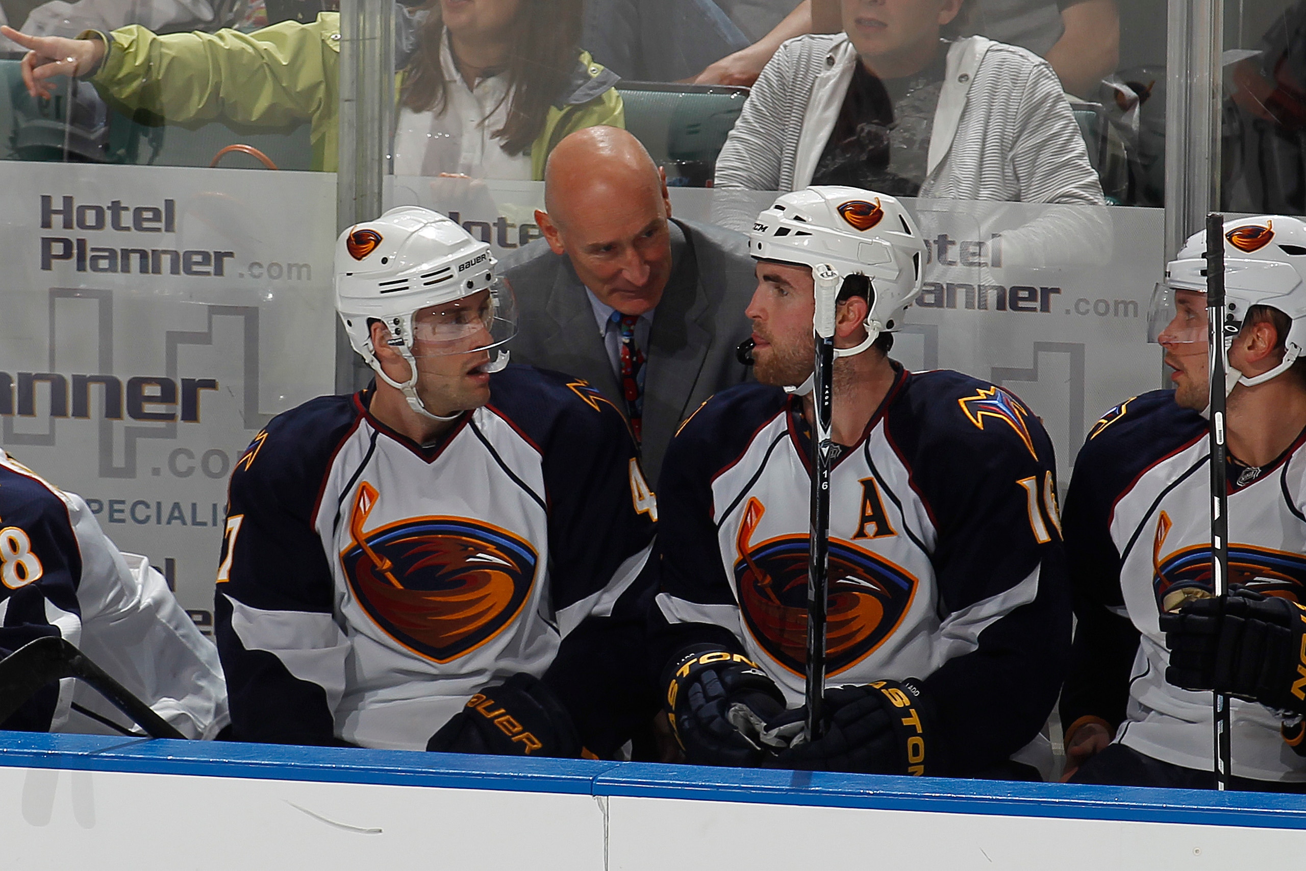 SUNRISE, FL - NOVEMBER 3: Head coach Craig Ramsay talks to Zach Bogosian #4 and Andrew Ladd #16 of the Atlanta Thrashers during a third period time out against the Florida Panthers on November 3, 2010 at the BankAtlantic Center in Sunrise, Florida. The Th