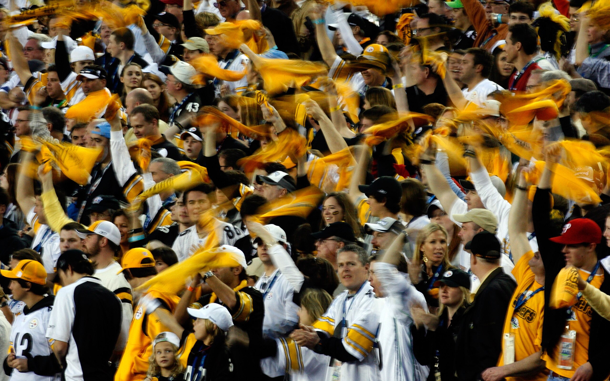 TAMPA, FL - FEBRUARY 01: Fans of the Pittsburgh Steelers wave terrible towels against the Arizona Cardinals during Super Bowl XLIII on February 1, 2009 at Raymond James Stadium in Tampa, Florida. (Photo by Kevin C. Cox/Getty Images) TAMPA, FL - FEBRUARY 01: Fans of the Pittsburgh Steelers wave terrible towels against the Arizona Cardinals during Super Bowl XLIII on February 1, 2009 at Raymond James Stadium in Tampa, Florida. (Photo by Kevin C. Cox/Getty Images)