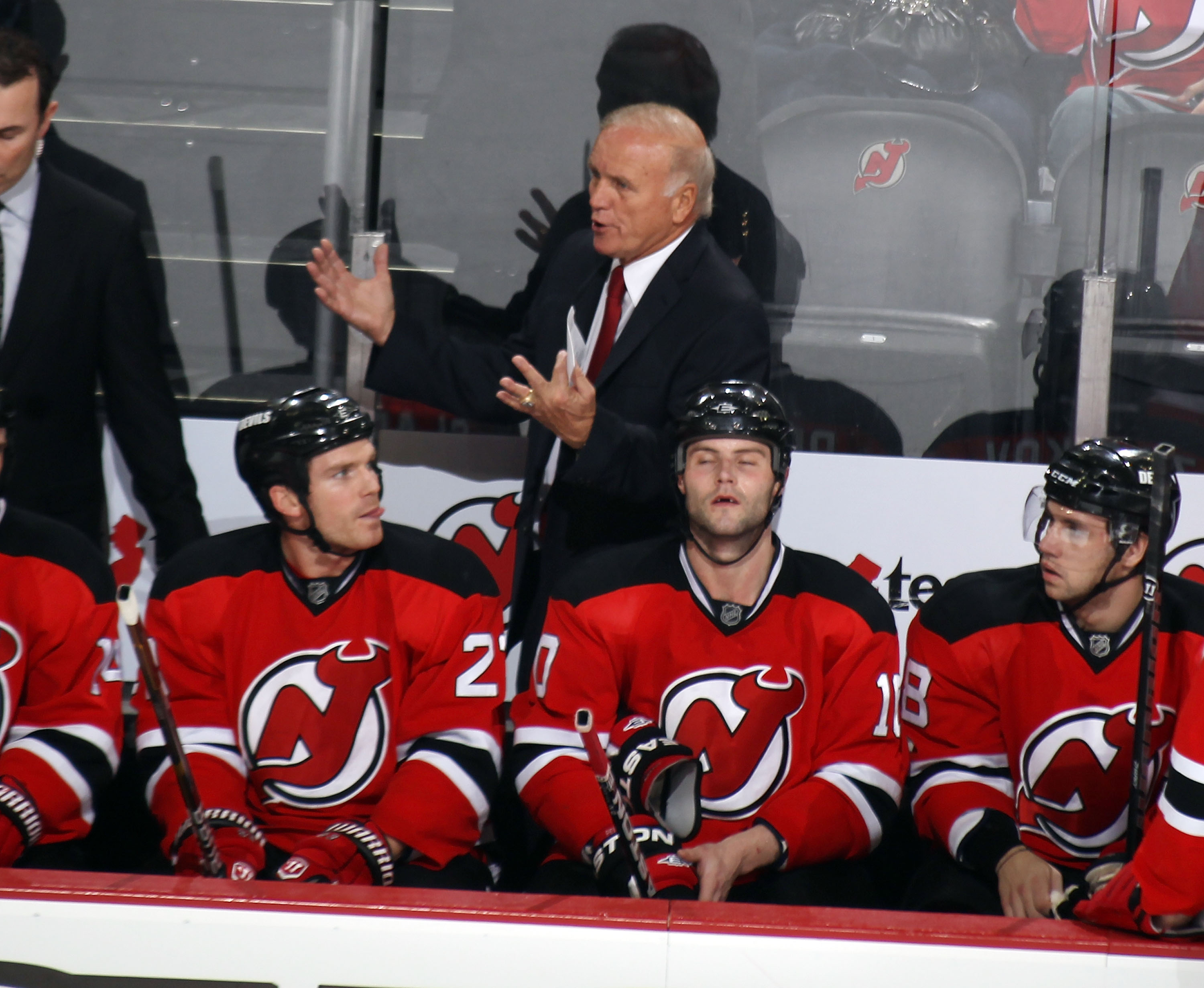 NEWARK, NJ - JANUARY 06: Head coach Jacques Lemaire of the New Jersey Devils instructs his players during the game against the Philadelphia Flyers at the Prudential Center on January 6, 2011 in Newark, New Jersey.  (Photo by Bruce Bennett/Getty Images)
