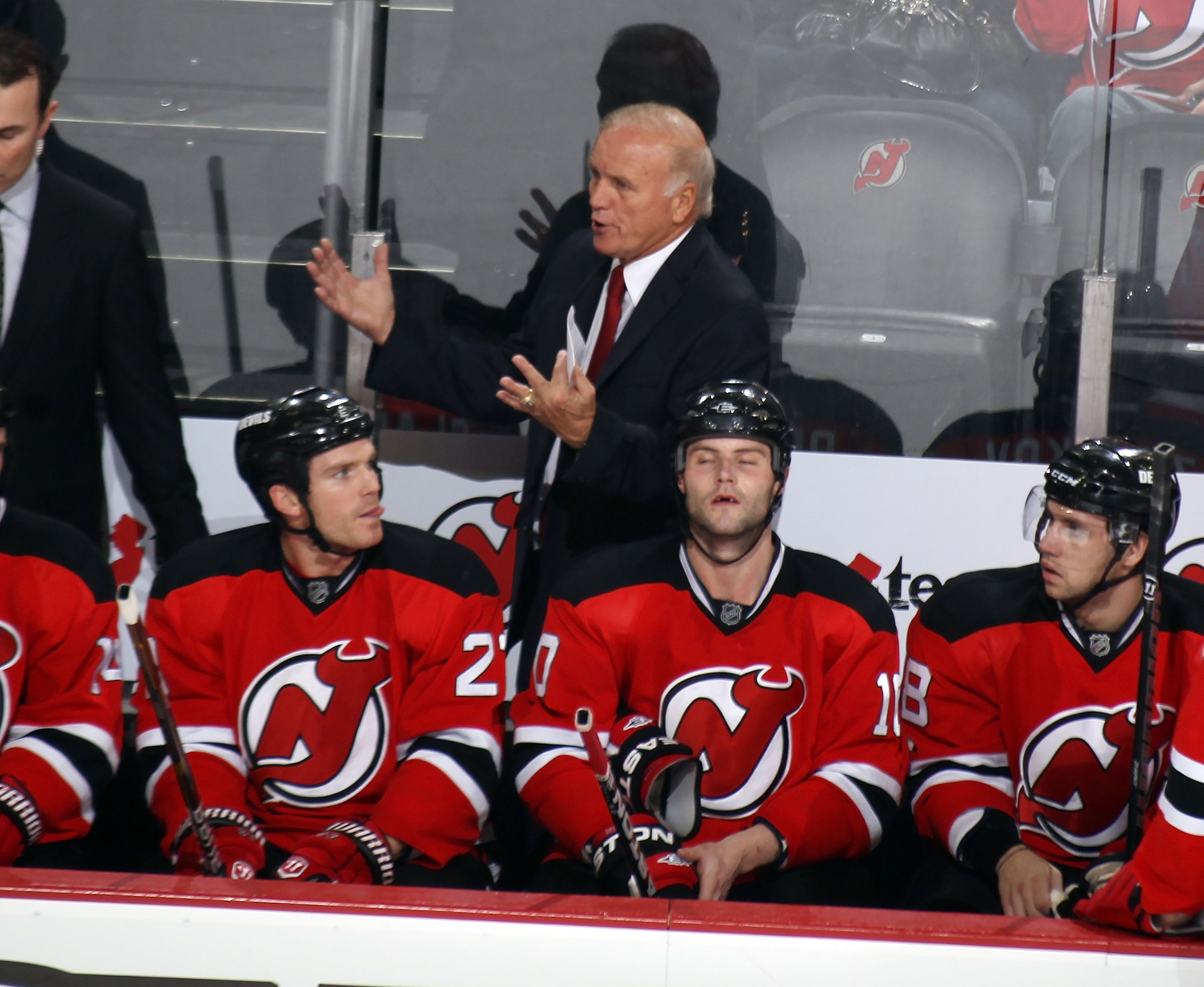 NEWARK, NJ - JANUARY 06: Head coach Jacques Lemaire of the New Jersey Devils instructs his players during the game against the Philadelphia Flyers at the Prudential Center on January 6, 2011 in Newark, New Jersey.  (Photo by Bruce Bennett/Getty Images)