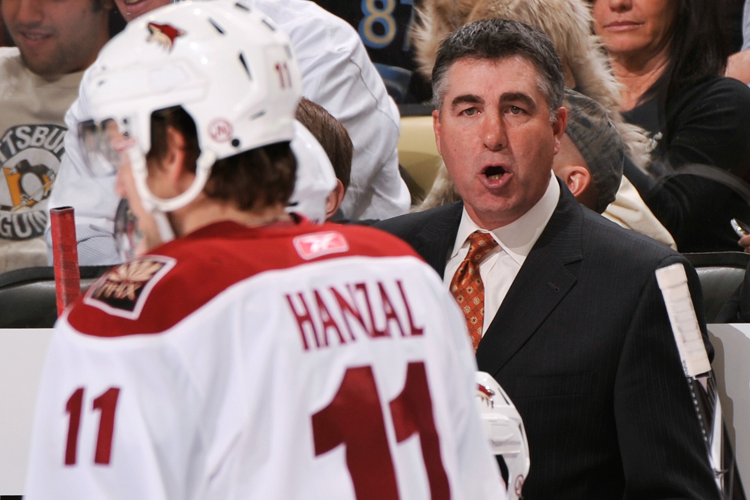 PITTSBURGH, PA - DECEMBER 20:  Head Coach Dave Tippett of the Phoenix Coyotes shouts instructions to Martin Hanzal #11 of the Phoenix Coyotes during a game against the Pittsburgh Penguins on December 20, 2010 at CONSOL Energy Center in Pittsburgh, Pennsyl