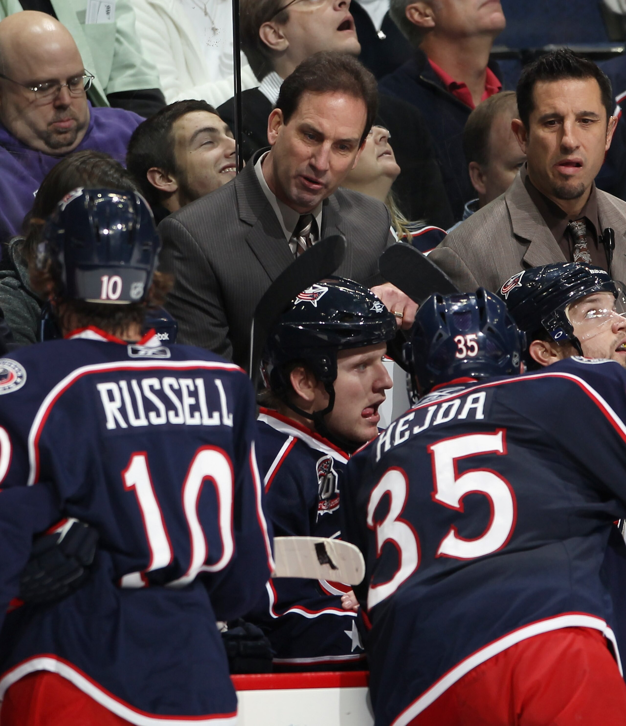 COLUMBUS, OH - DECEMBER 01:  Head coach Scott Arniel of the Columbus Blue Jackets handles his team against the Nashville Predators at the Nationwide Arena on December 1, 2010 in Columbus, Ohio.  (Photo by Bruce Bennett/Getty Images)
