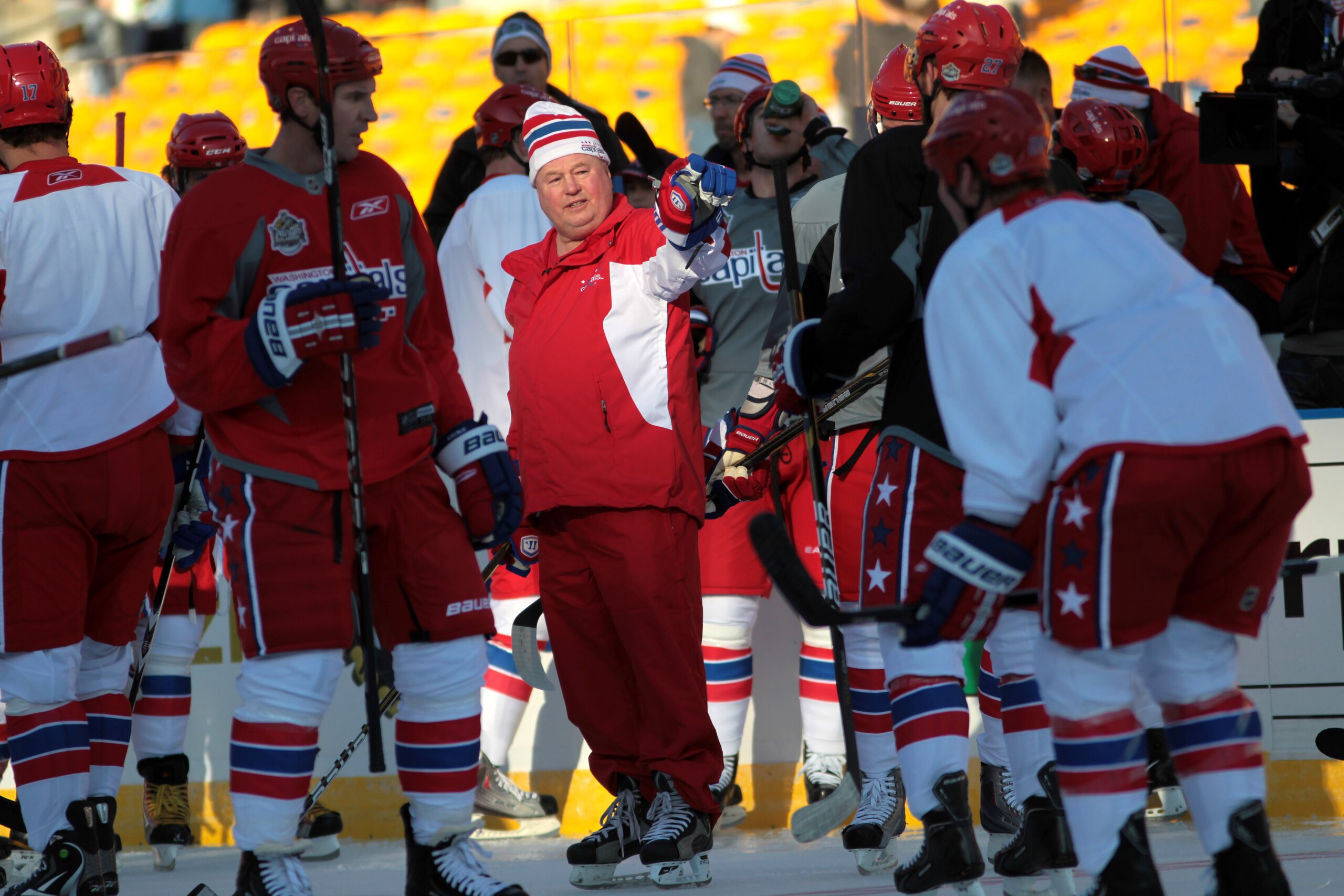 PITTSBURGH, PA - DECEMBER 31:  Head coach Bruce Boudreau of the Washington Capitals instructs players during practice for the 2011 NHL Winter Classic between the Capitals and the Pittsburgh Penguins on December 31, 2010 at Heinz Field in Pittsburgh, Penns