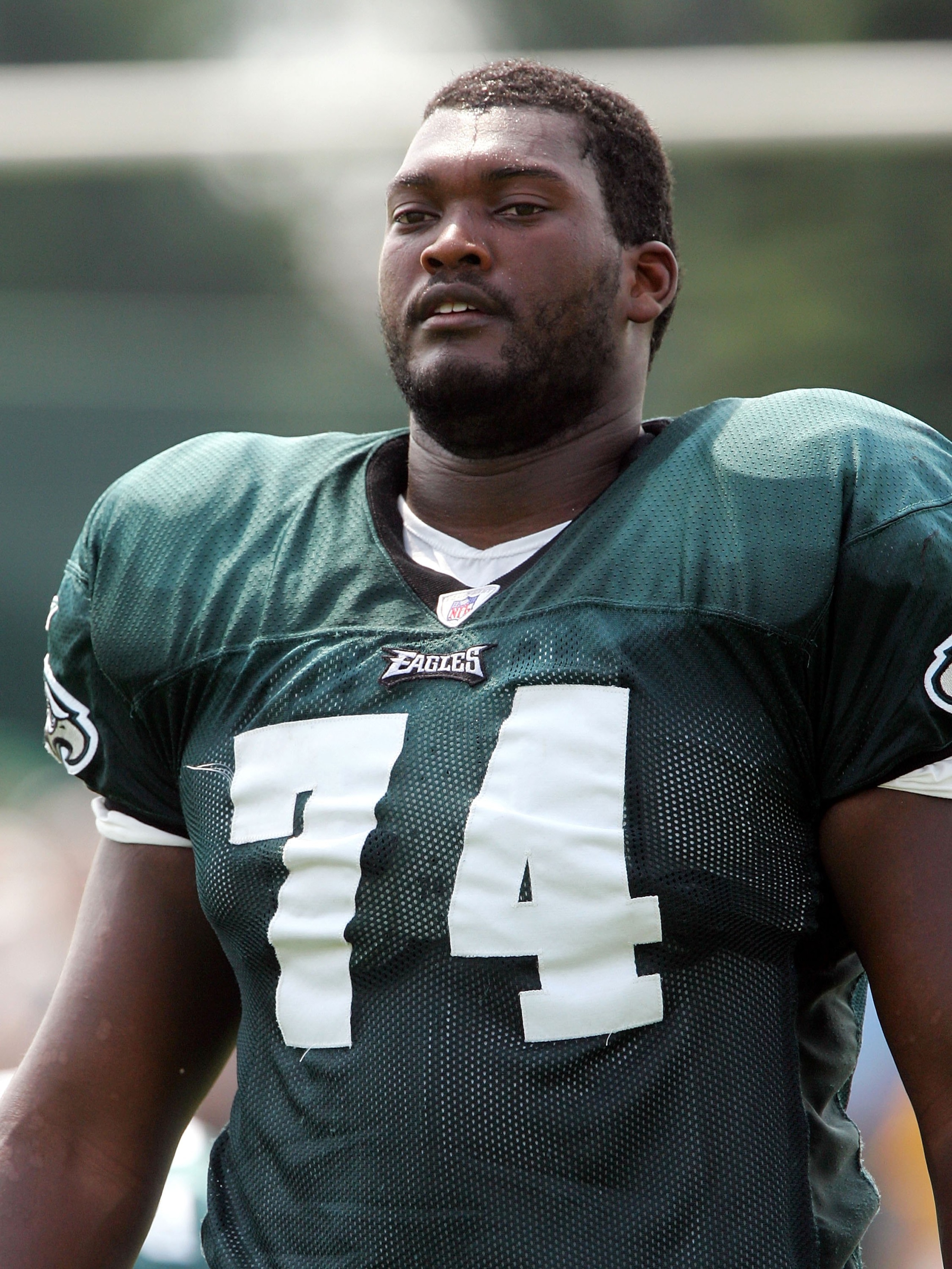 BETHLEHEM, PA - JULY 25: Winston Justice #74 of the Philadelphia Eagles looks on during training camp on the practice field at Lehigh University on July 25, 2006 in Bethlehem, Pennsylvania. (Photo by Jim McIsaac/Getty Images) BETHLEHEM, PA - JULY 25: Winston Justice #74 of the Philadelphia Eagles looks on during training camp on the practice field at Lehigh University on July 25, 2006 in Bethlehem, Pennsylvania. (Photo by Jim McIsaac/Getty Images)