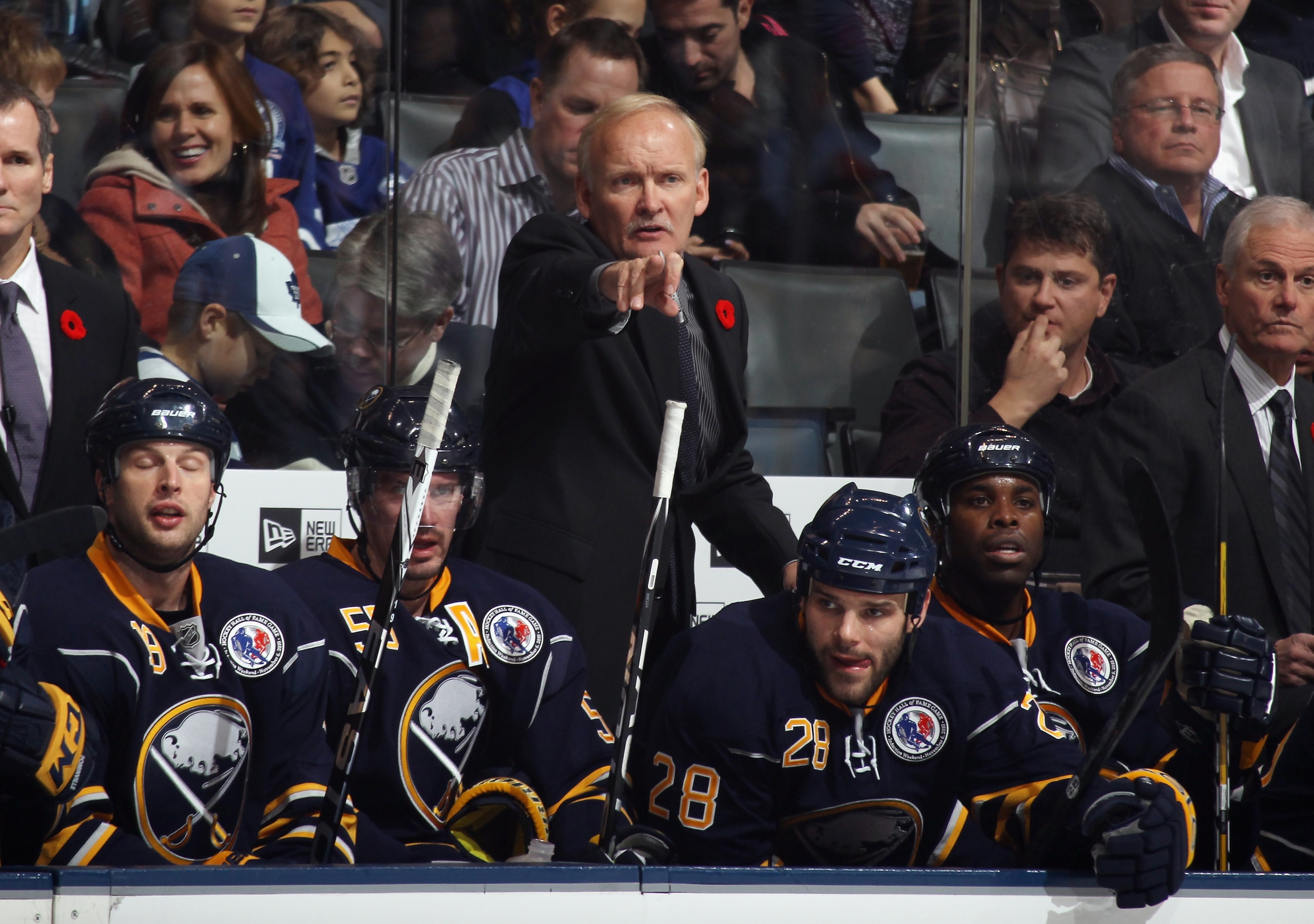 TORONTO, ON - NOVEMBER 06: Head coach Lindy Ruff of the Buffalo Sabres gives players directions in their game against the Toronto Maple Leafs at the Air Canada Centre on November 6, 2010 in Toronto, Canada.  (Photo by Bruce Bennett/Getty Images)