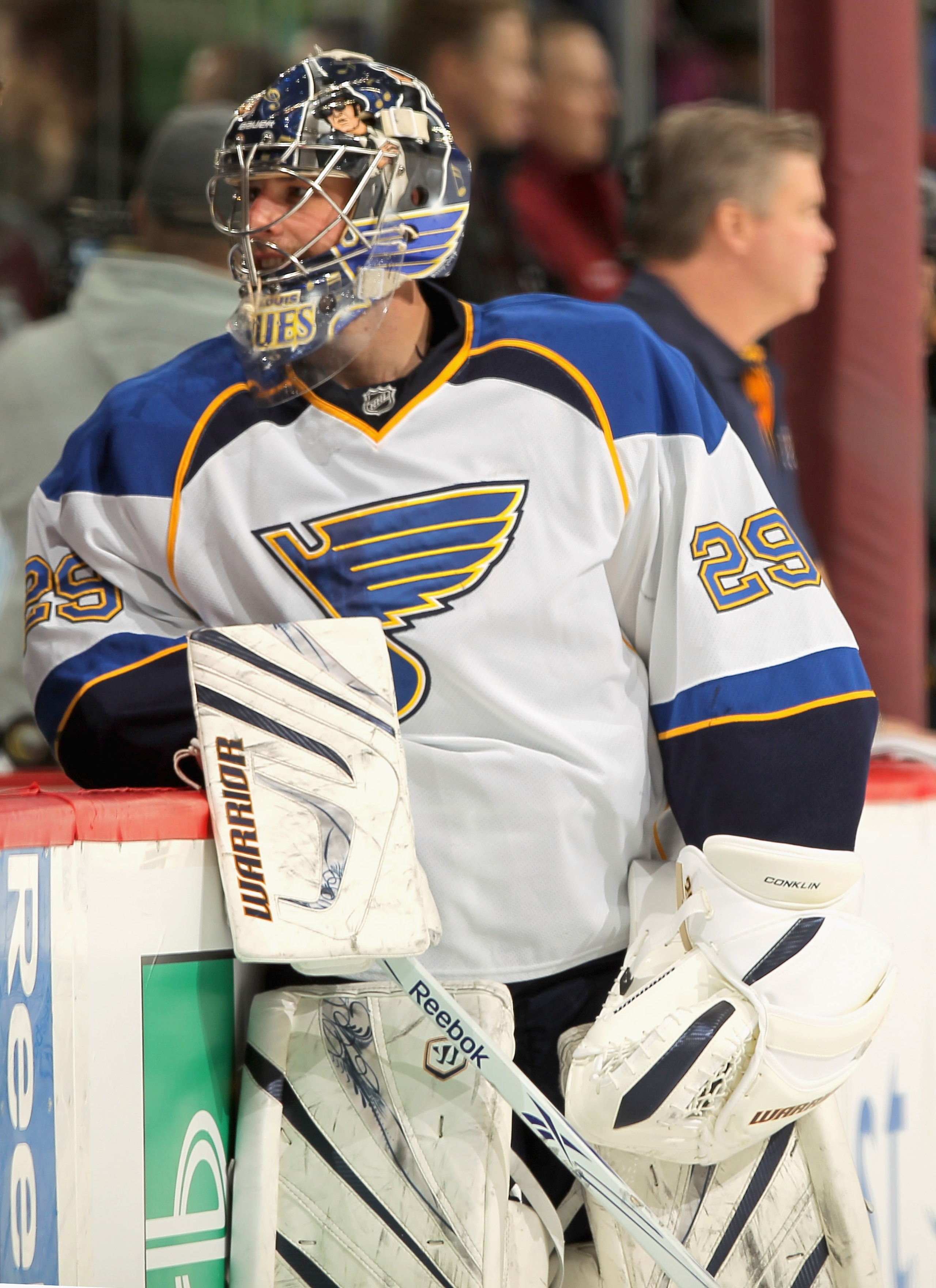 DENVER - NOVEMBER 15:  Goalie Ty Conklin #29 of the St. Louis Blues warms up prior to facing the Colorado Avalanche at the Pepsi Center on November 15, 2010 in Denver, Colorado. The Avalacnhe defeated the Blues 6-3.  (Photo by Doug Pensinger/Getty Images)