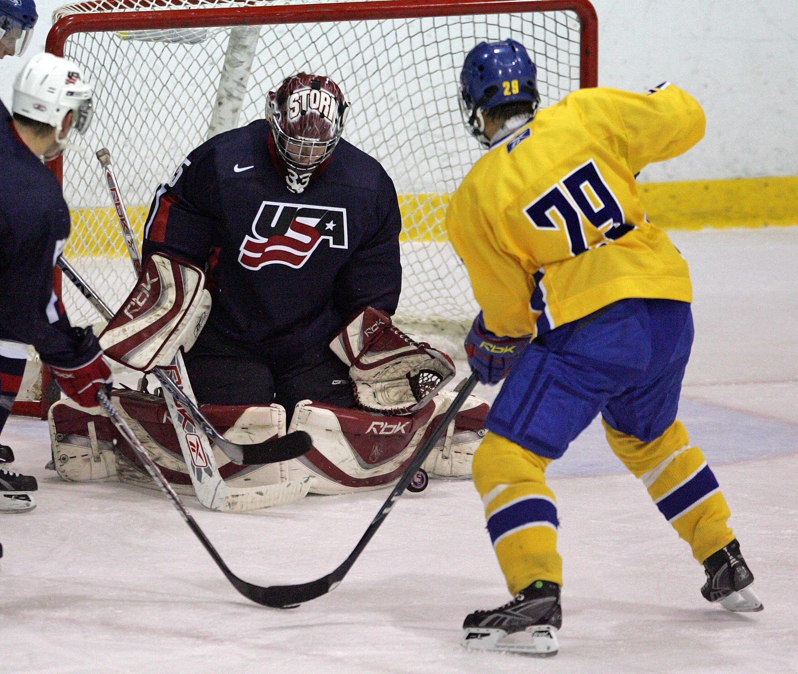 LAKE PLACID, NY - AUGUST 09:  Tom McCollum #35 of Team USA tends the net against Team Sweden at the USA Hockey National Junior Evaluation Camp on August 9, 2008 at the Olympic Center in Lake Placid, New York.  (Photo by Bruce Bennett/Getty Images)