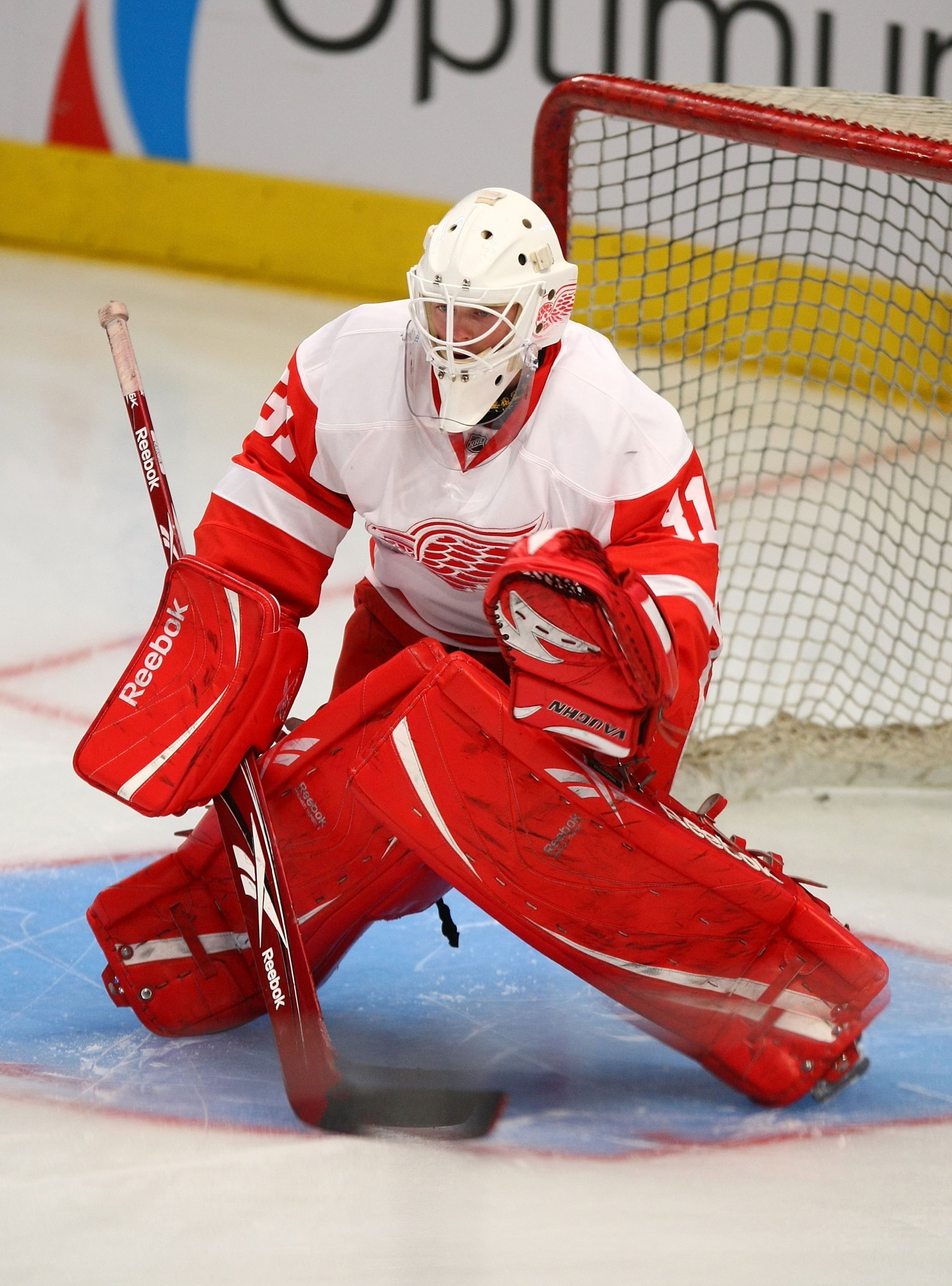 NEW YORK - SEPTEMBER 21:  Daniel Larsson #31 of the Detroit Red Wings tends net in warmups prior to the preseason game against the New York Rangers  at Madison Square Garden on September 21, 2009 in New York, New York.  (Photo by Bruce Bennett/Getty Image