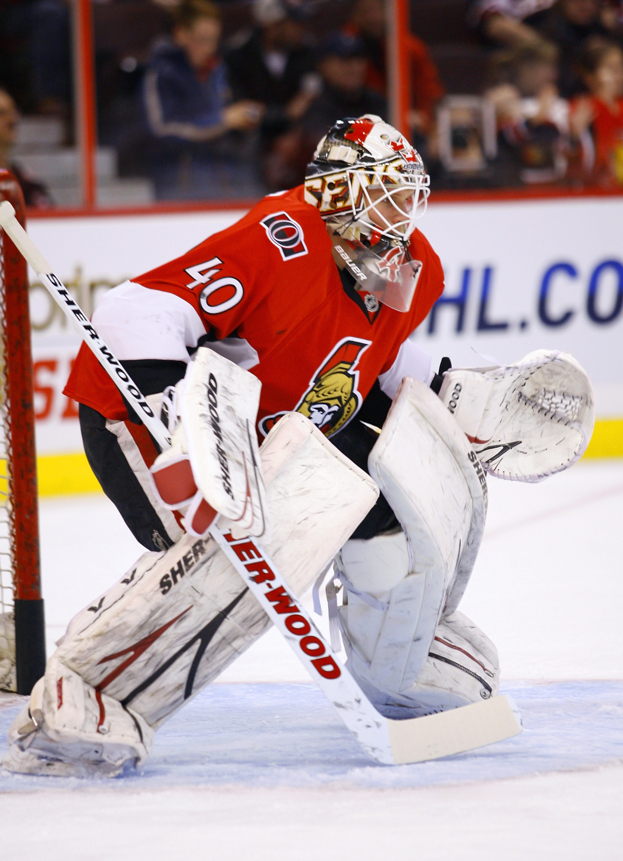 OTTAWA, ON - JANUARY 14:  Robin Lehner #40 of the Ottawa Senators defends his net during warmup before a game against the Calgary Flames at Scotiabank Place on January 14, 2011 in Ottawa, Canada. The Flames won 3-2. (Photo by Phillip MacCallum/Getty Image