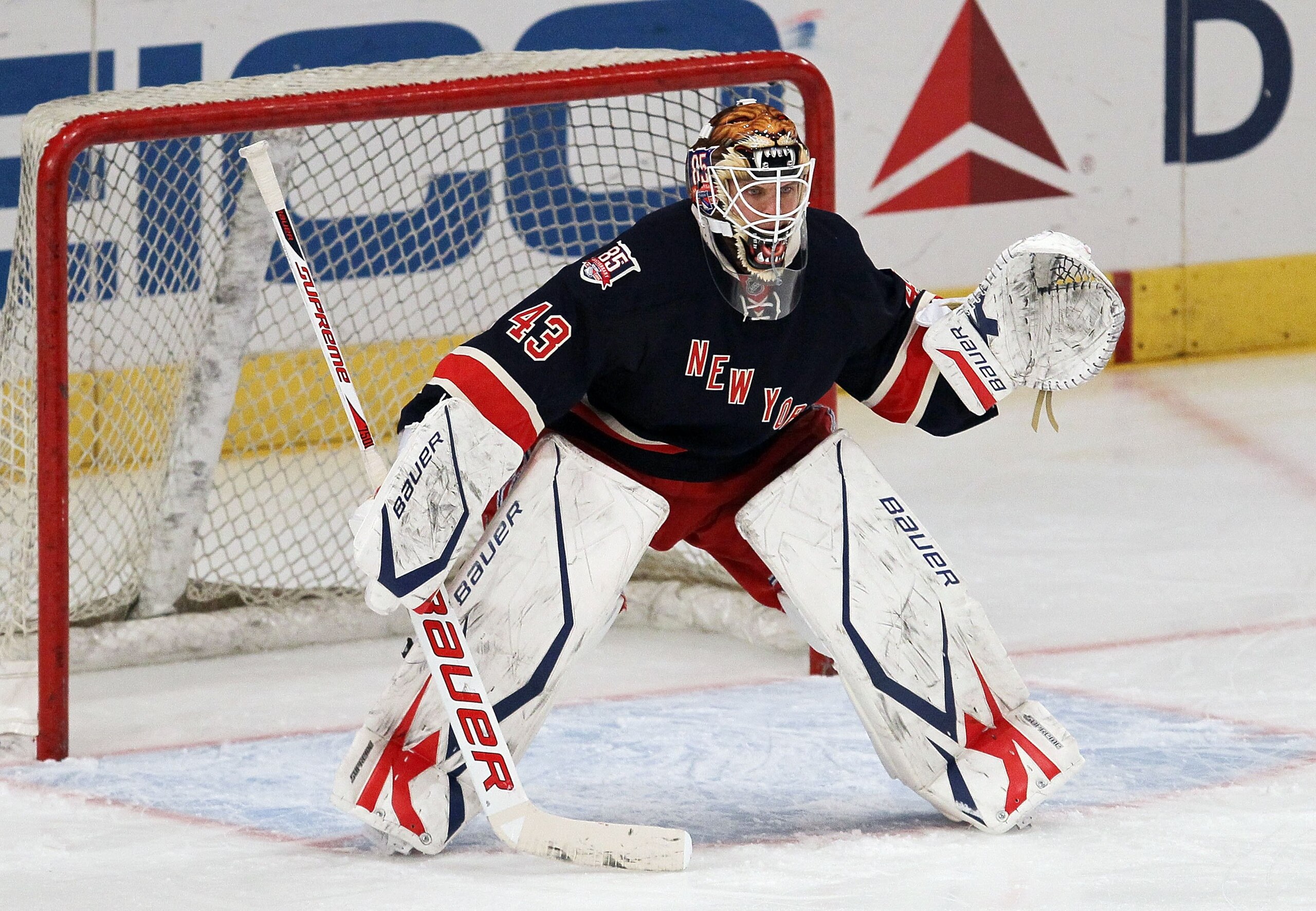 NEW YORK, NY - JANUARY 11:  Martin Biron #43 of the New York Rangers warms up before playing against the Montreal Canadiens on January 11, 2011 at Madison Square Garden in New York City.  (Photo by Jim McIsaac/Getty Images)