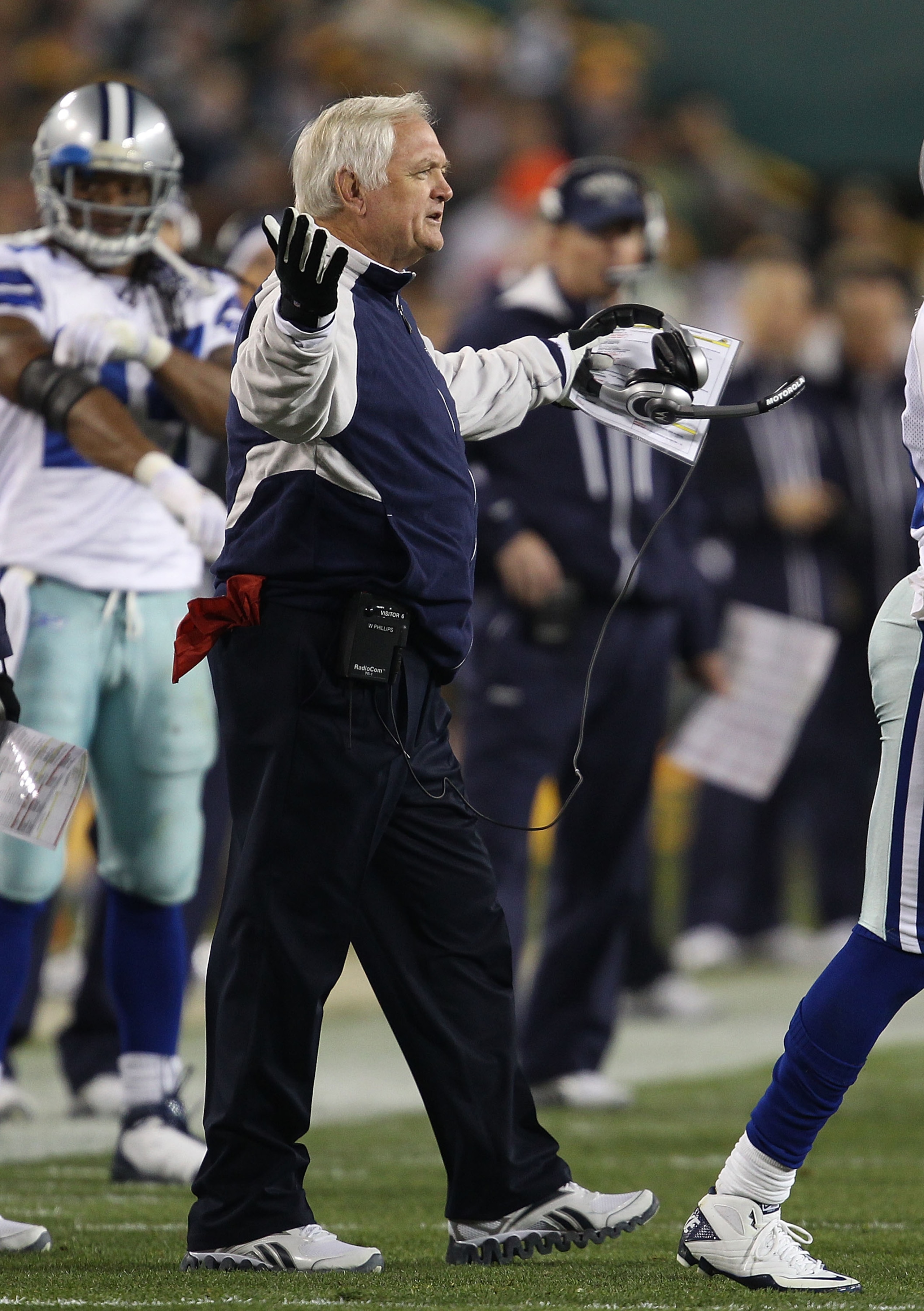 GREEN BAY, WI - NOVEMBER 07: Head coach Wade Phillips of the Dallas Cowboys complains to a referee during a game against the Green Bay Packers at Lambeau Field on November 7, 2010 in Green Bay, Wisconsin. The Packers defeated the Cowboys 45-7.  (Photo by