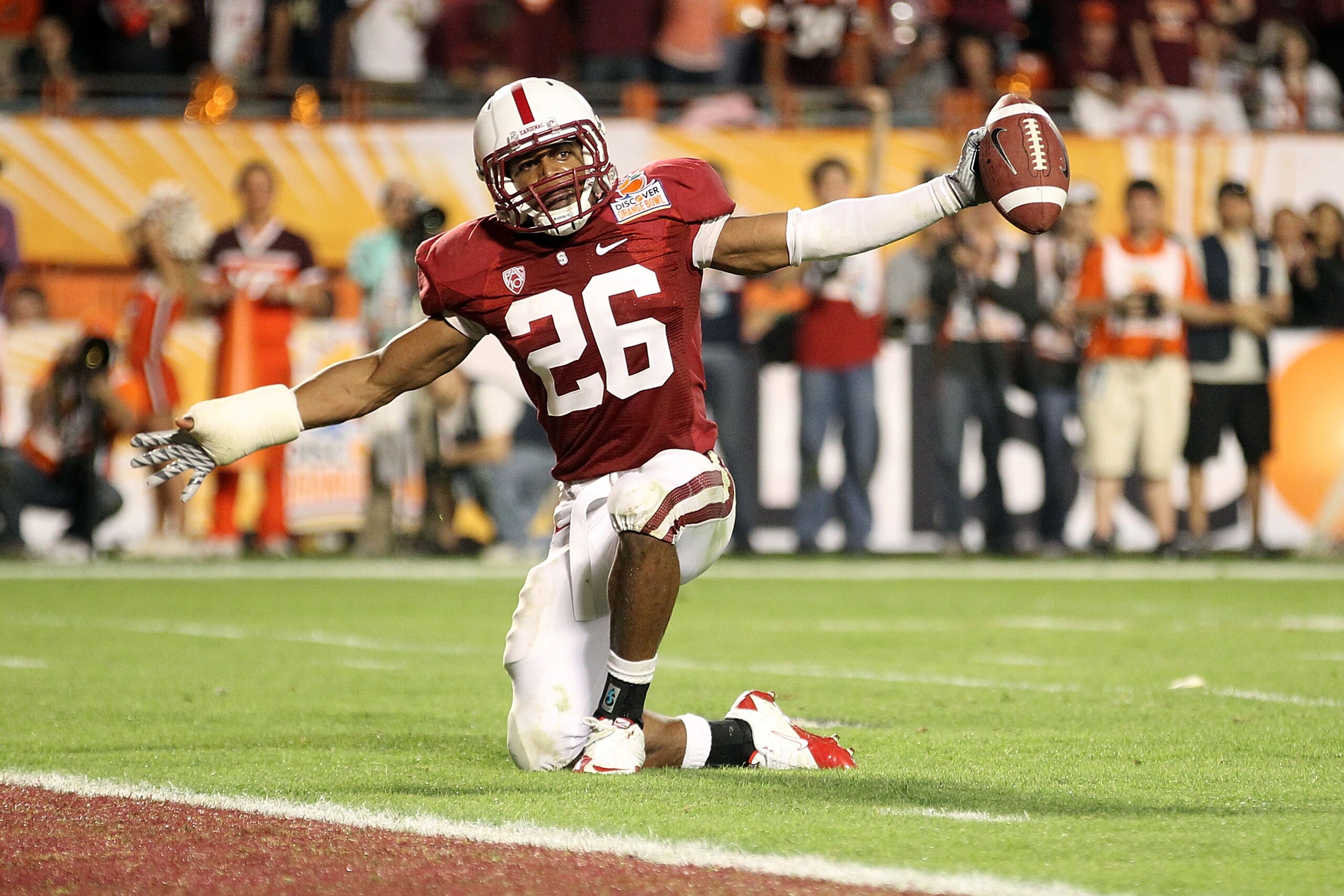 MIAMI, FL - JANUARY 03: Delano Howell #26 of the Stanford Cardinal reacts after he intercepted a pass against the Virginia Tech Hokies during the 2011 Discover Orange Bowl at Sun Life Stadium on January 3, 2011 in Miami, Florida. (Photo by Streeter Lecka/ MIAMI, FL - JANUARY 03: Delano Howell #26 of the Stanford Cardinal reacts after he intercepted a pass against the Virginia Tech Hokies during the 2011 Discover Orange Bowl at Sun Life Stadium on January 3, 2011 in Miami, Florida. (Photo by Streeter Lecka/
