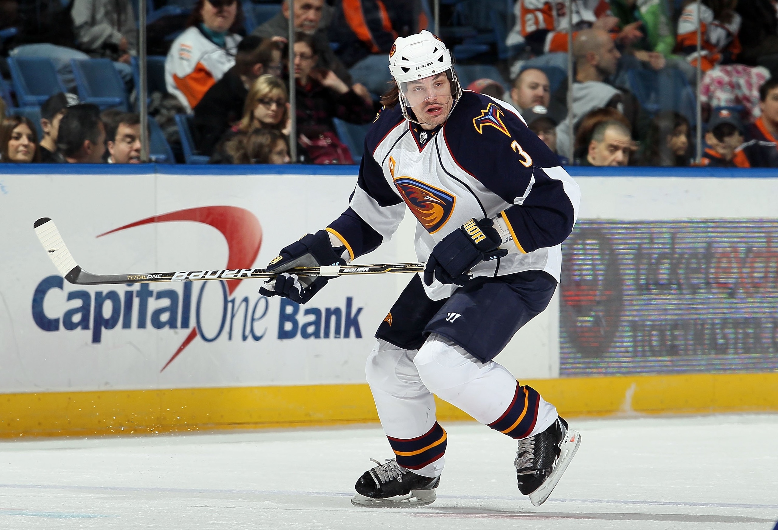UNIONDALE, NY - DECEMBER 11:  Brent Sopel #3 of the Atlanta Thrashers skates against the New York Islanders on December 11, 2010 at Nassau Coliseum in Uniondale, New York. The Thrashers defeated the Isles 5-4.  (Photo by Jim McIsaac/Getty Images)