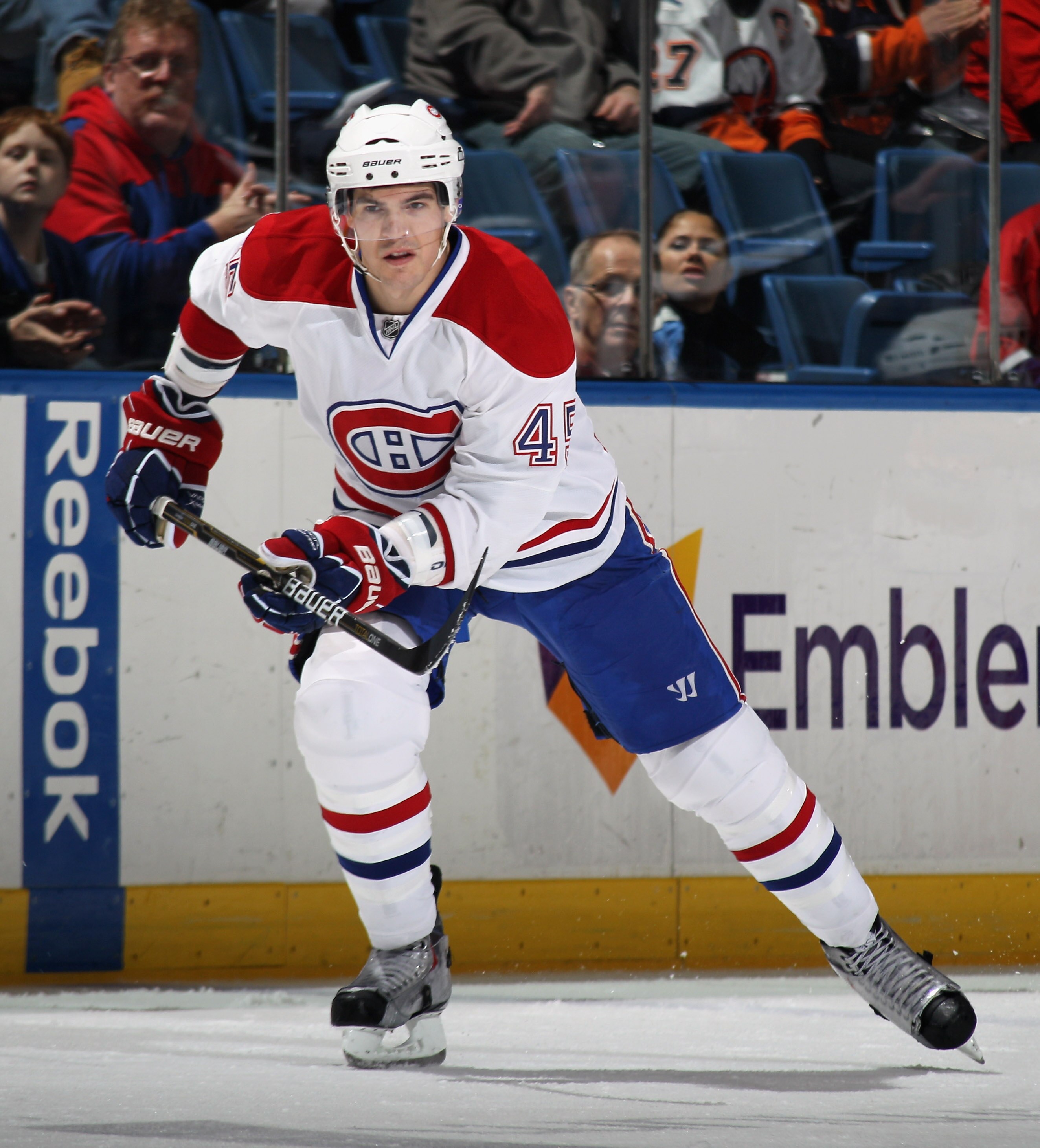 UNIONDALE, NY - DECEMBER 26: Alexandre Picard #45 of the Montreal Canadiens skates against the New York Islanders at the Nassau Coliseum on December 26, 2010 in Uniondale, New York. The Islanders defeated the Canadiens 4-1.  (Photo by Bruce Bennett/Getty