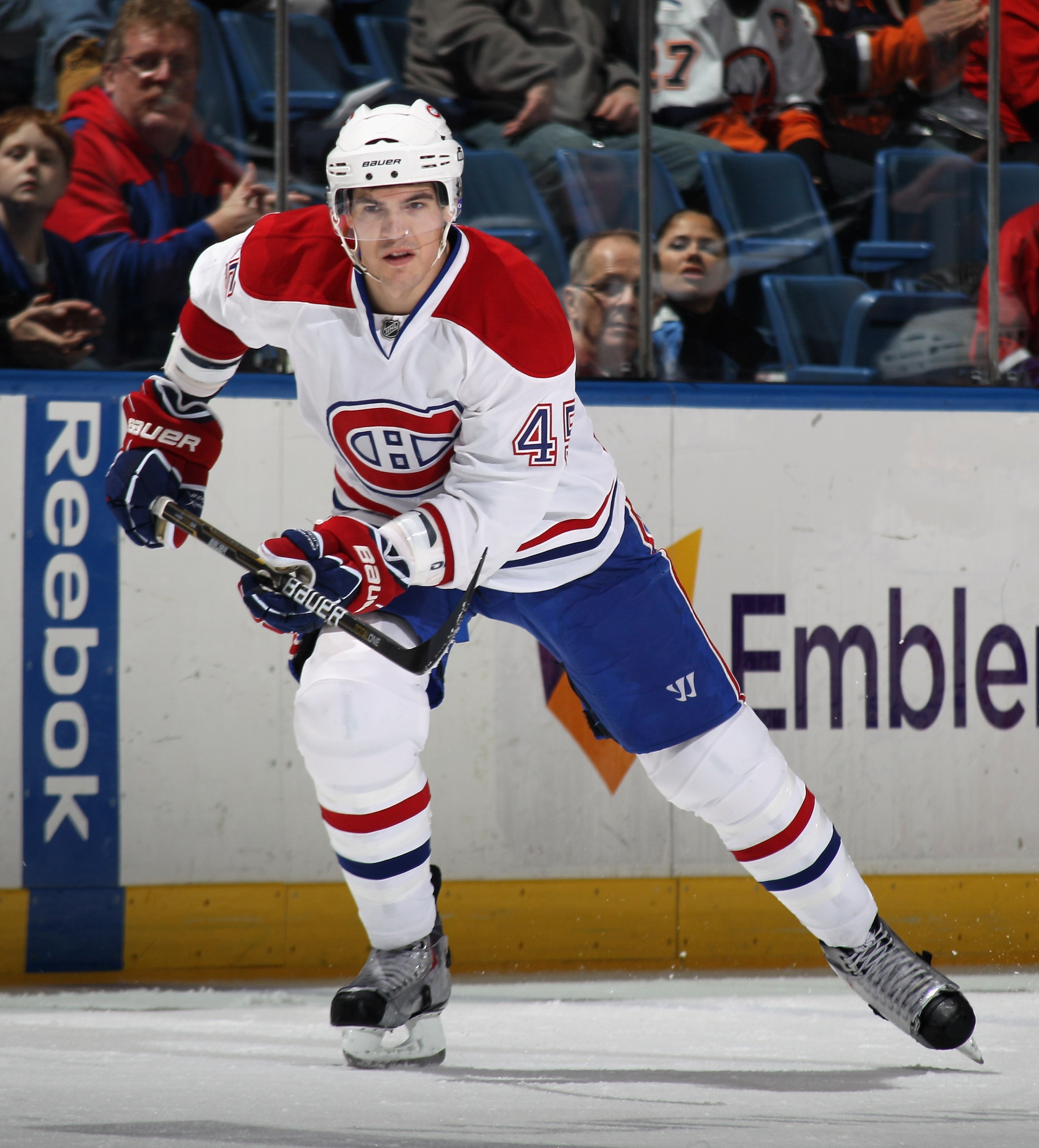 UNIONDALE, NY - DECEMBER 26: Alexandre Picard #45 of the Montreal Canadiens skates against the New York Islanders at the Nassau Coliseum on December 26, 2010 in Uniondale, New York. The Islanders defeated the Canadiens 4-1.  (Photo by Bruce Bennett/Getty