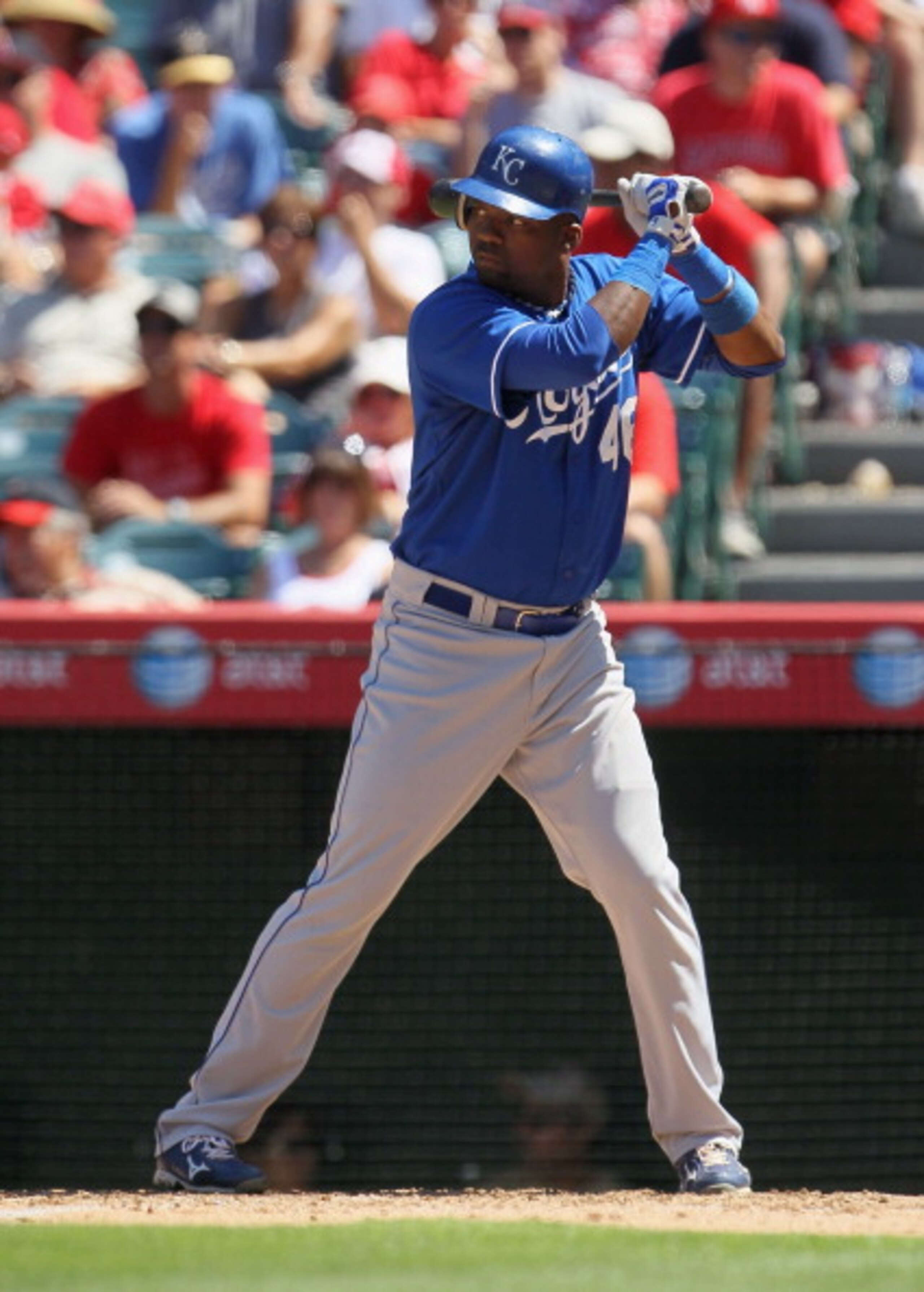 ANAHEIM, CA - AUGUST 11:  Wilson Betemit #46 of the Kansas City Royals bats against the Los Angeles Angels of Anaheim at Angel Stadium on August 11, 2010 in Anaheim, California.  (Photo by Jeff Gross/Getty Images)