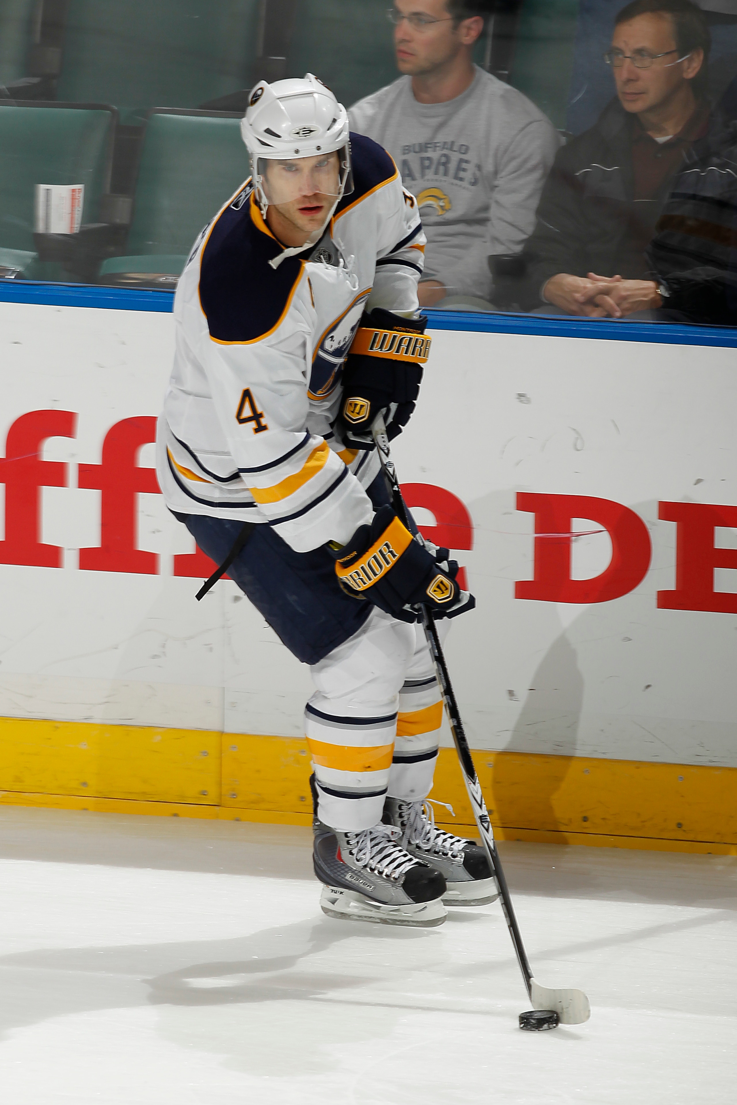 SUNRISE, FL - DECEMBER 17: Steve Montador #4 of the Buffalo Sabres skates prior to the game against the Florida Panthers on December 17, 2010 at the BankAtlantic Center in Sunrise, Florida. The Panthers defeated the Sabres 6-2. (Photo by Joel Auerbach/Get