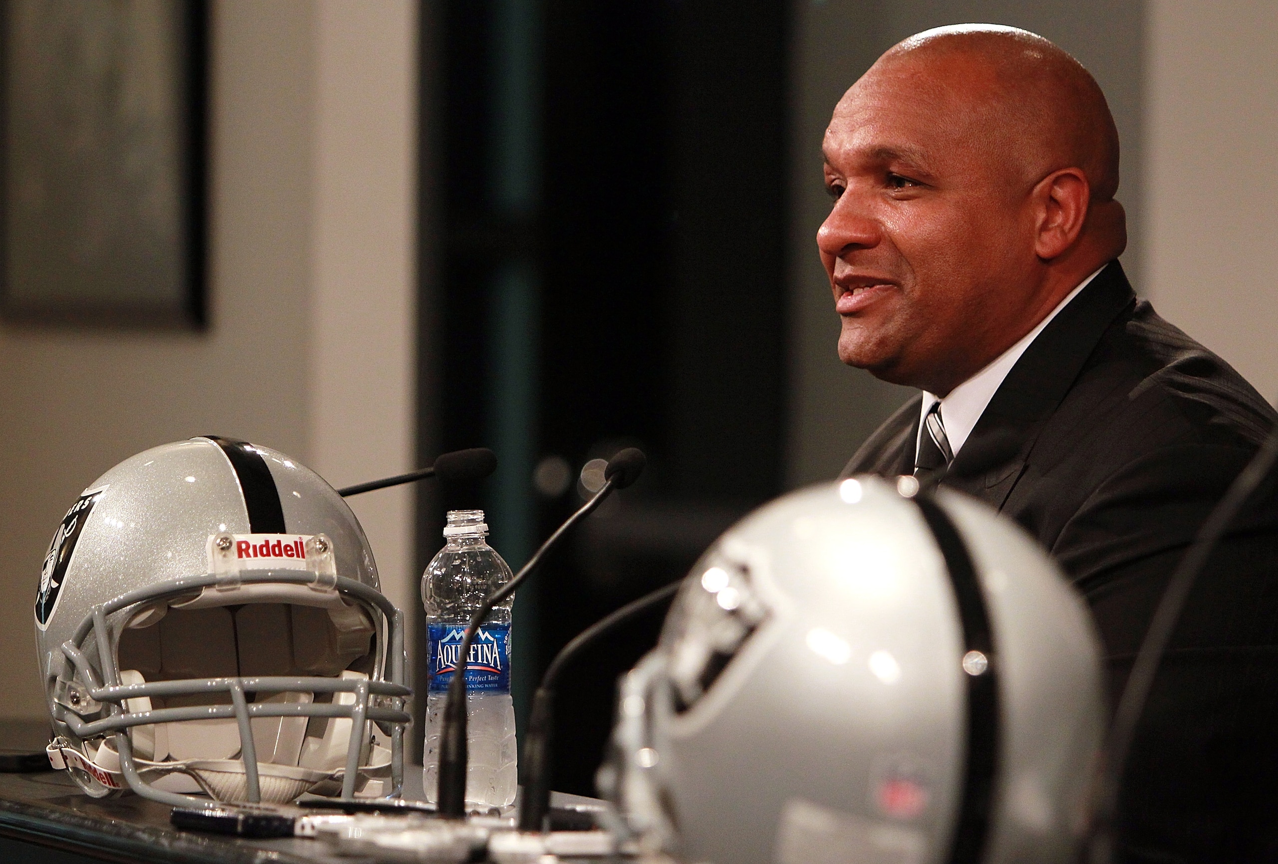 ALAMEDA, CA - JANUARY 18:  Hue Jackson speaks to reporters after he was introduced as the new head coach of the Oakland Raiders on January 18, 2011 in Alameda, California.  Hue Jackson was introduced as the new coach of the Oakland Raiders, replacing the 