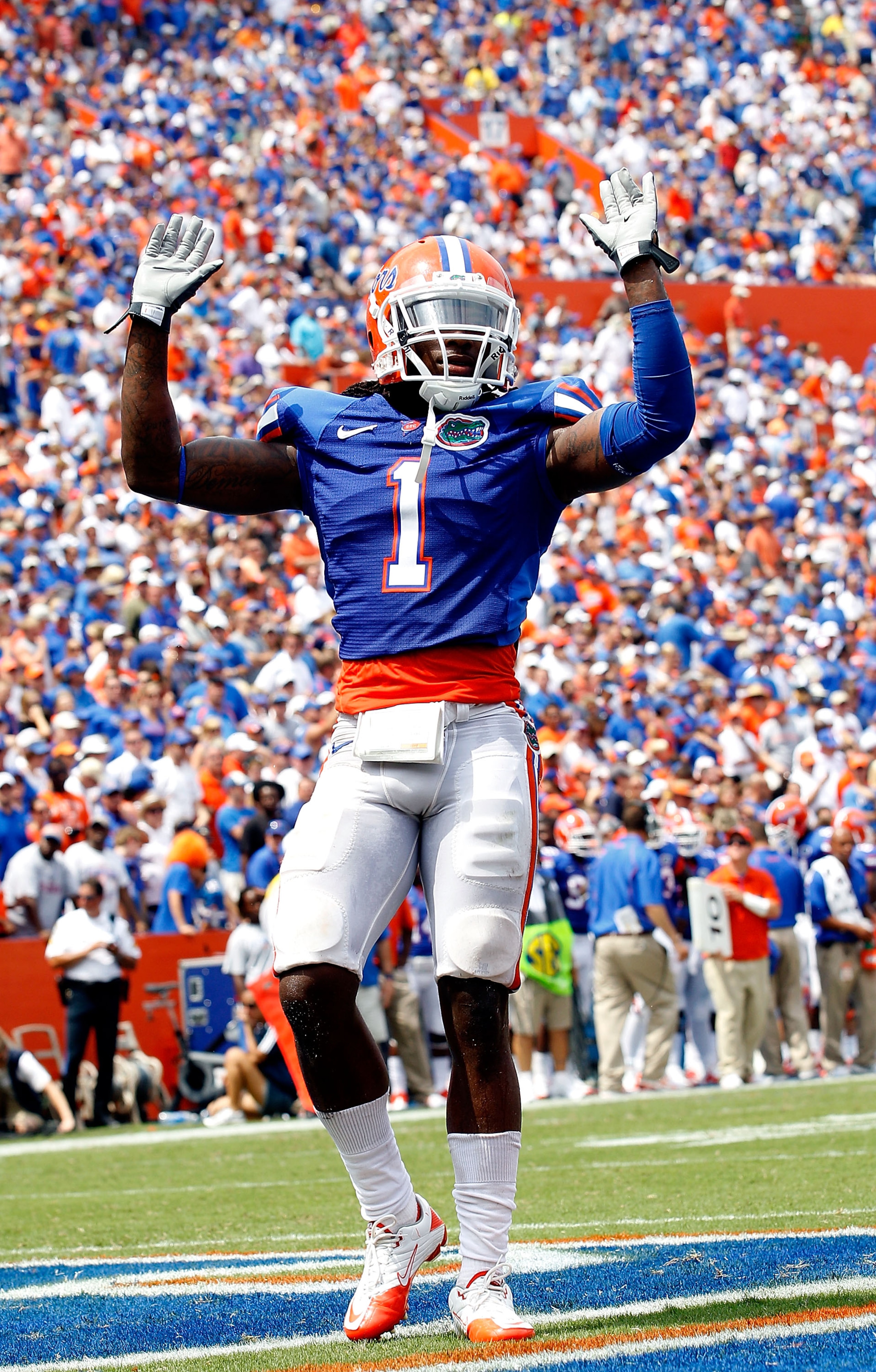 GAINESVILLE, FL - SEPTEMBER 04:  Janoris Jenkins #1 of the Florida Gators celebrates after a defensive stand against the Miami University RedHawks at Ben Hill Griffin Stadium on September 4, 2010 in Gainesville, Florida.  (Photo by Sam Greenwood/Getty Ima