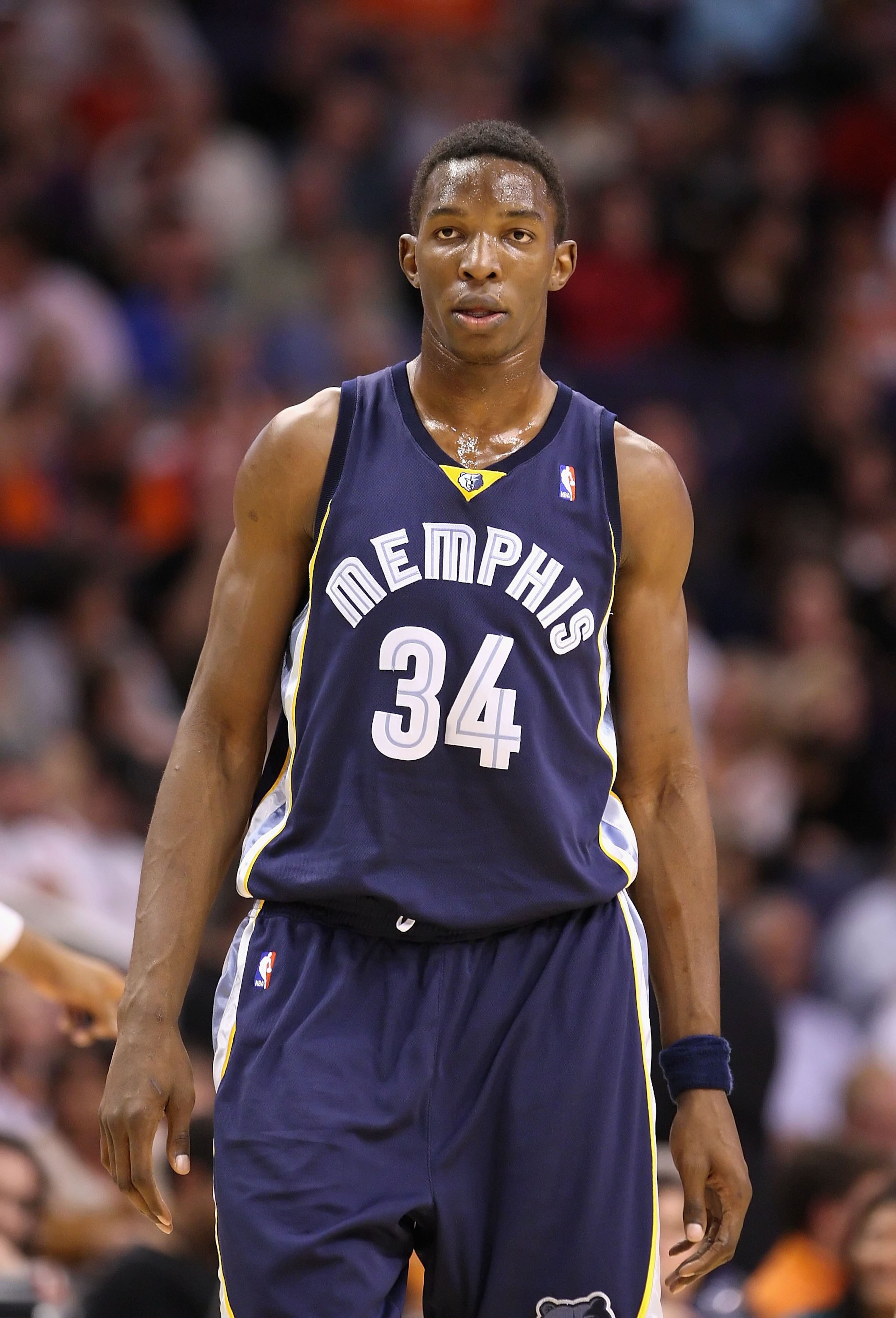 PHOENIX - NOVEMBER 25: Hasheem Thabeet #34 of the Memphis Grizzlies during the NBA game against the Phoenix Suns at US Airways Center on November 25, 2009 in Phoenix, Arizona. The Suns defeated the Grizzlies 126-111. NOTE TO USER: User expressly acknow PHOENIX - NOVEMBER 25: Hasheem Thabeet #34 of the Memphis Grizzlies during the NBA game against the Phoenix Suns at US Airways Center on November 25, 2009 in Phoenix, Arizona. The Suns defeated the Grizzlies 126-111. NOTE TO USER: User expressly acknow