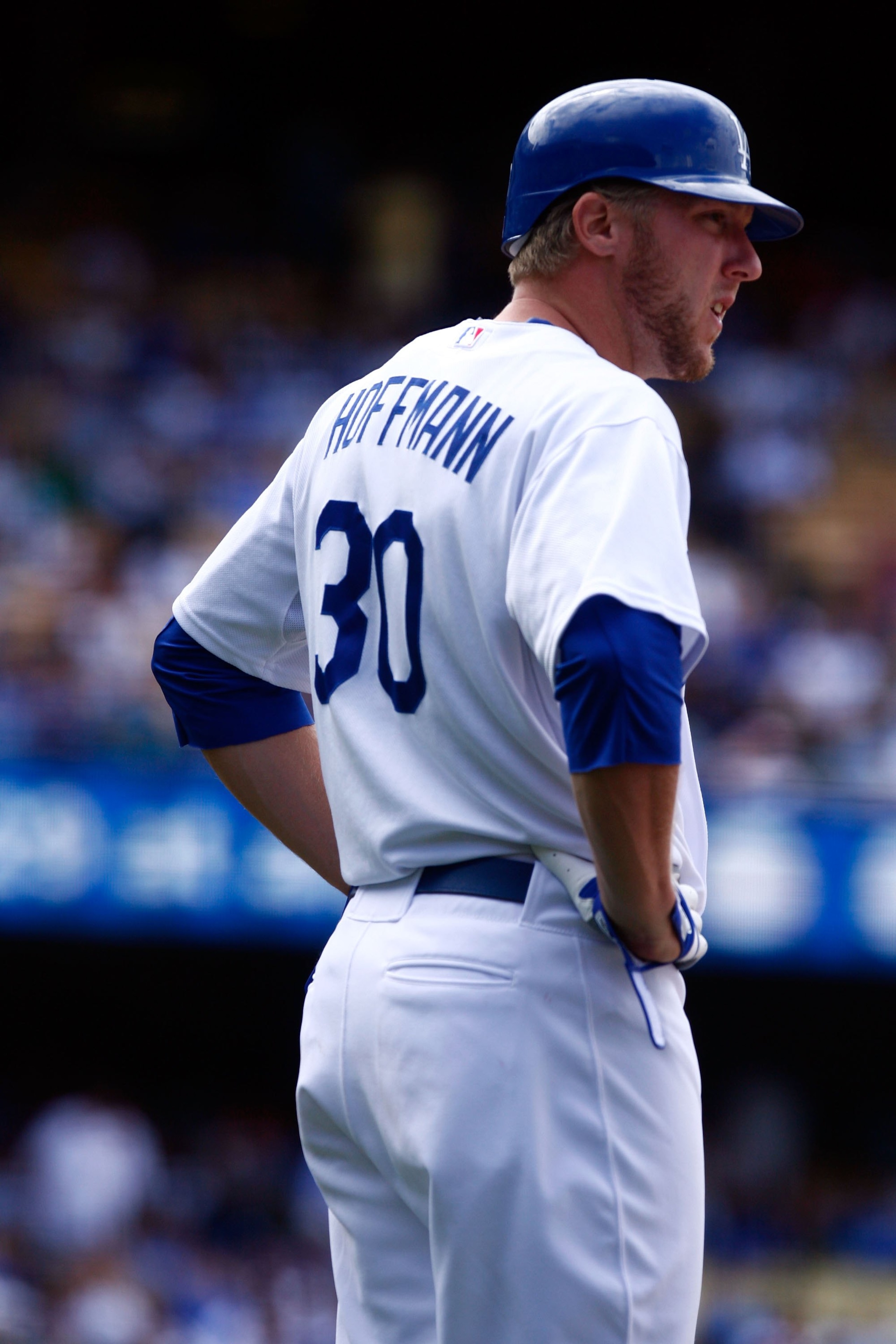 LOS ANGELES, CA - JUNE 06:  Jamie Hoffmann #30 of the Los Angeles Dodgers looks on against the Philadelphia Phillies at Dodger Stadium on June 6, 2009 in Los Angeles, California. The Dodgers defeated the Phillies 3-2 in 12 innings.  (Photo by Jeff Gross/G