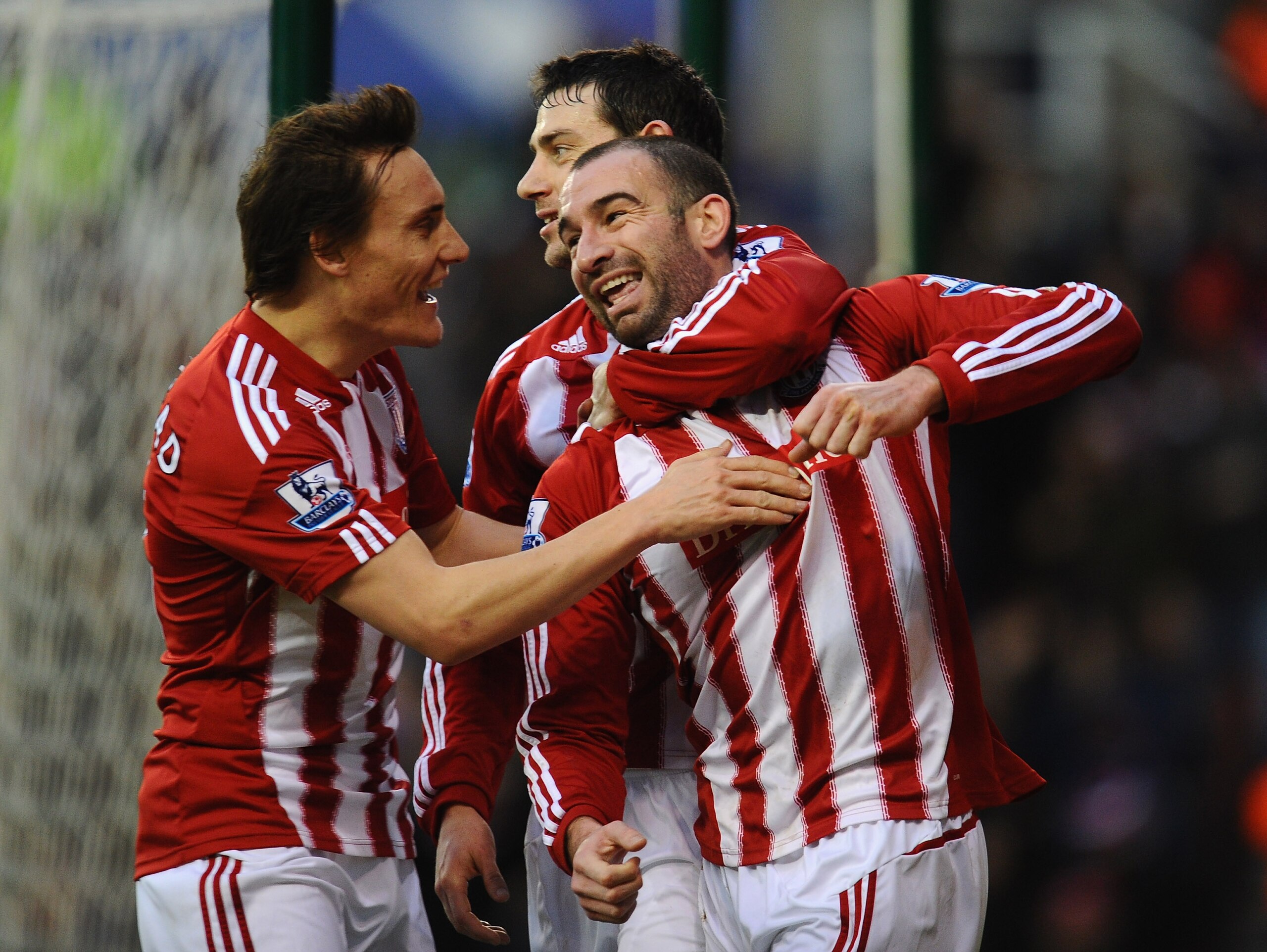 STOKE ON TRENT, ENGLAND - JANUARY 15:  Danny Higginbotham of Stoke City celebrates his goal during the Barclays Premier League match between Stoke City and Bolton Wanderers at Britannia Stadium on January 15, 2011 in Stoke on Trent, England.  (Photo by Cl
