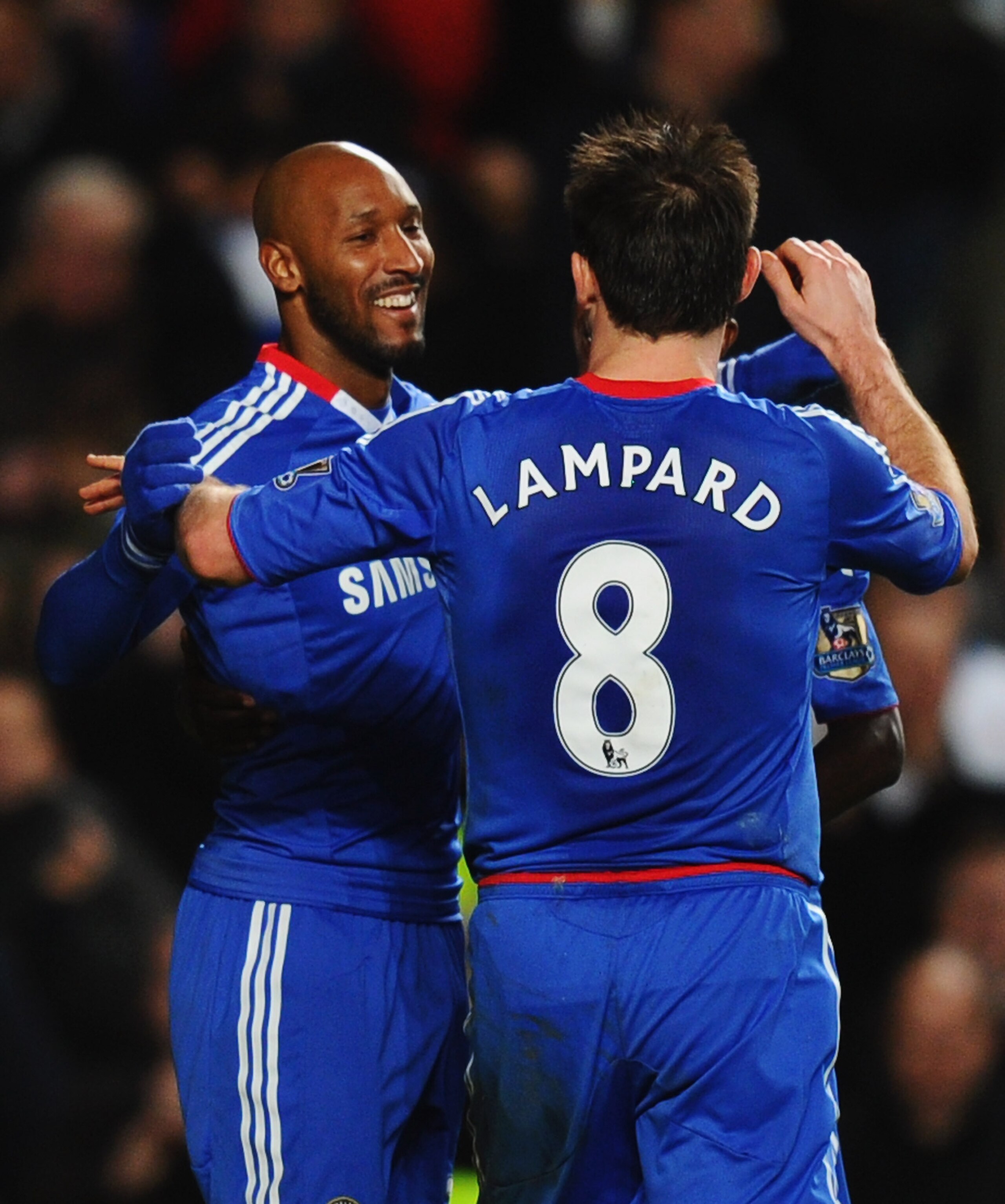 LONDON, ENGLAND - JANUARY 15:  Nicolas Anelka of Chelsea celebrates with Frank Lampard as he scores their second goal during the Barclays Premier League match between Chelsea and Blackburn Rovers at Stamford Bridge on January 15, 2011 in London, England.