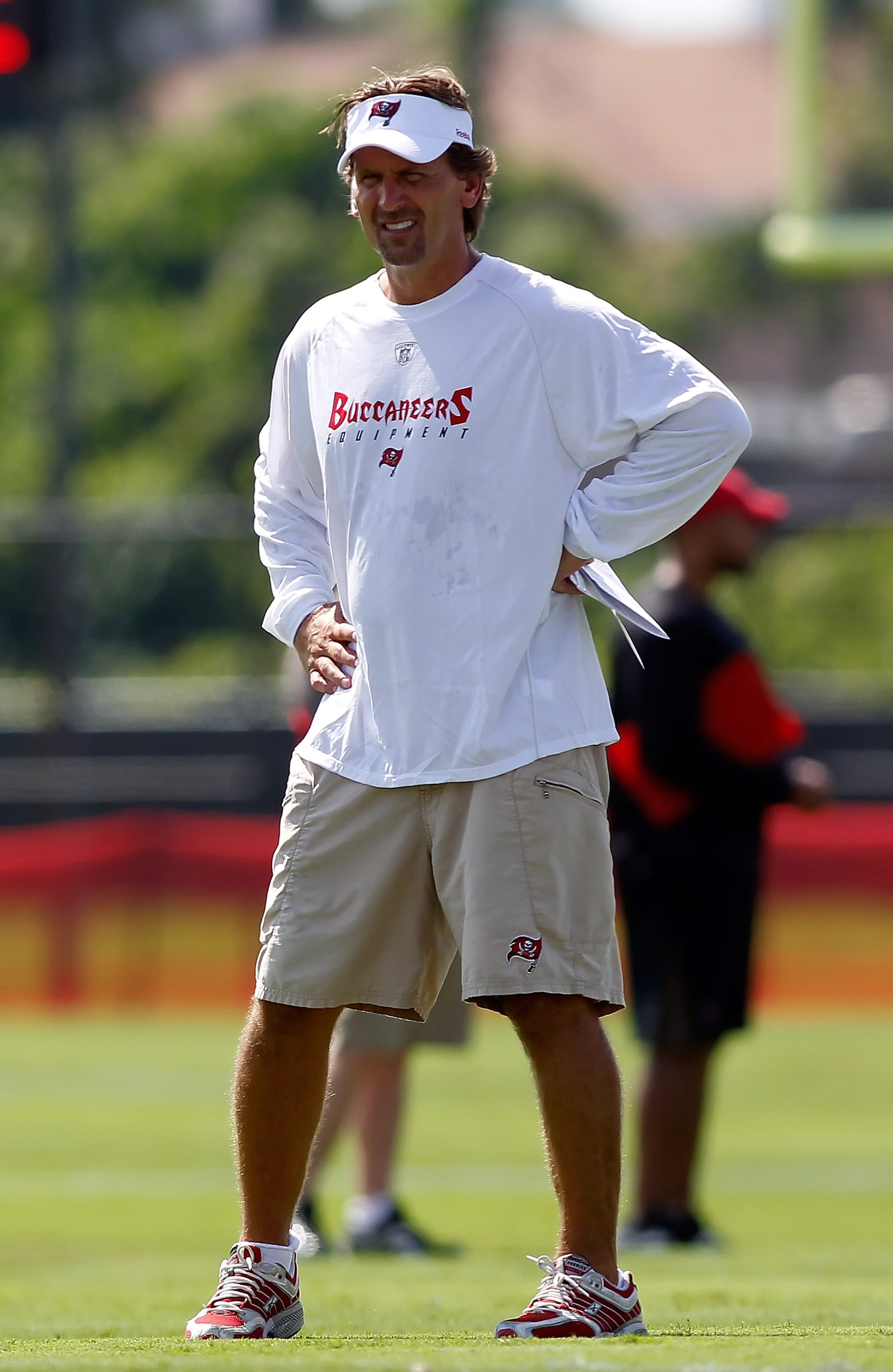 TAMPA - JULY 31: Offensive Coordinator Greg Olson of the Tampa Bay Buccaneers watches the offense during training camp at One Buccaneer Place on July 31, 2010 in Tampa, Florida. (Photo by J. Meric/Getty Images) TAMPA - JULY 31: Offensive Coordinator Greg Olson of the Tampa Bay Buccaneers watches the offense during training camp at One Buccaneer Place on July 31, 2010 in Tampa, Florida. (Photo by J. Meric/Getty Images)