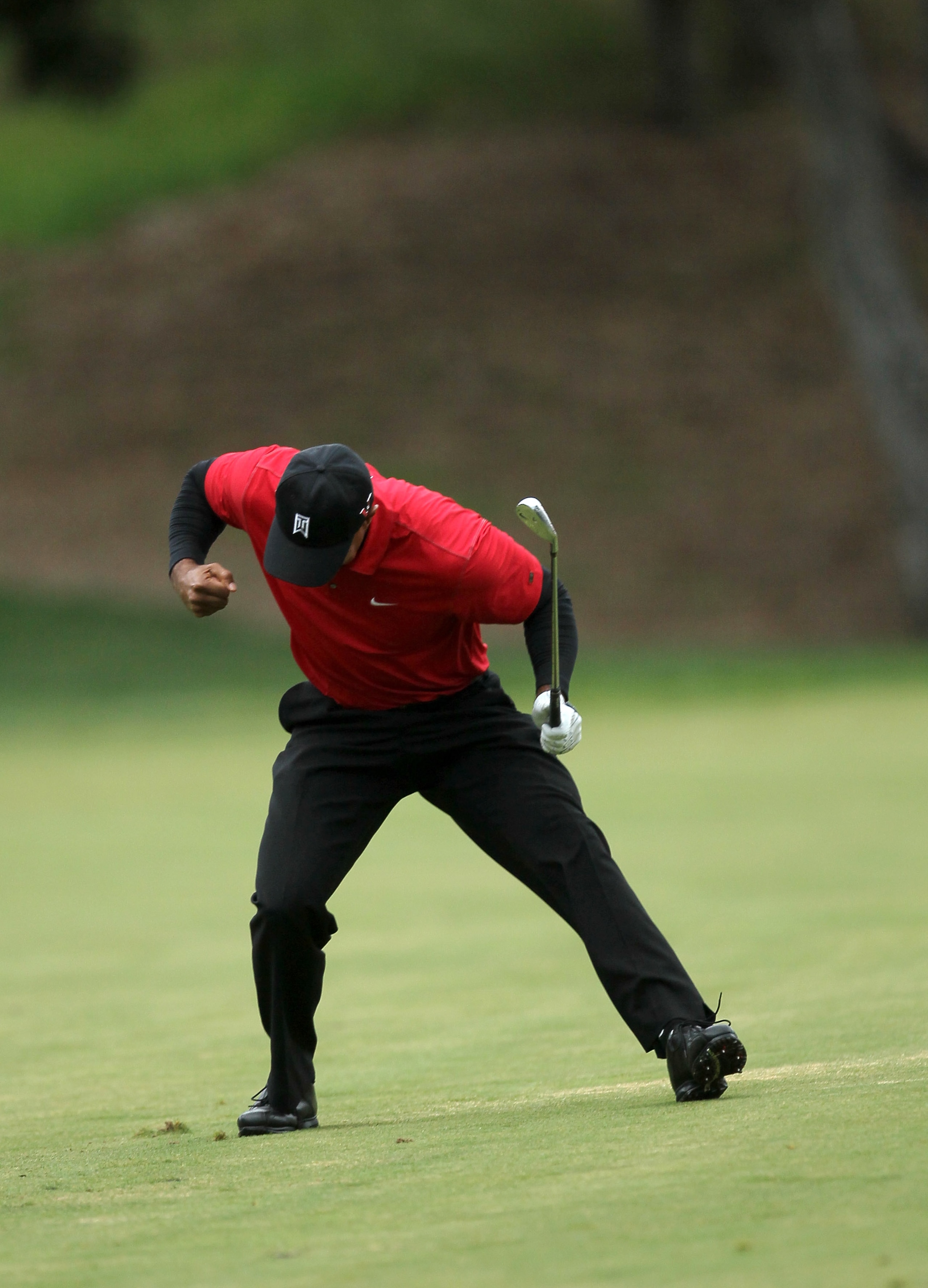 THOUSAND OAKS, CA - DECEMBER 05:  Tiger Woods celebrates after his second shot on the 18th hole landed close to the pin during the final round of the Chevron World Challenge at Sherwood Country Club on December 5, 2010 in Thousand Oaks, California.  (Phot