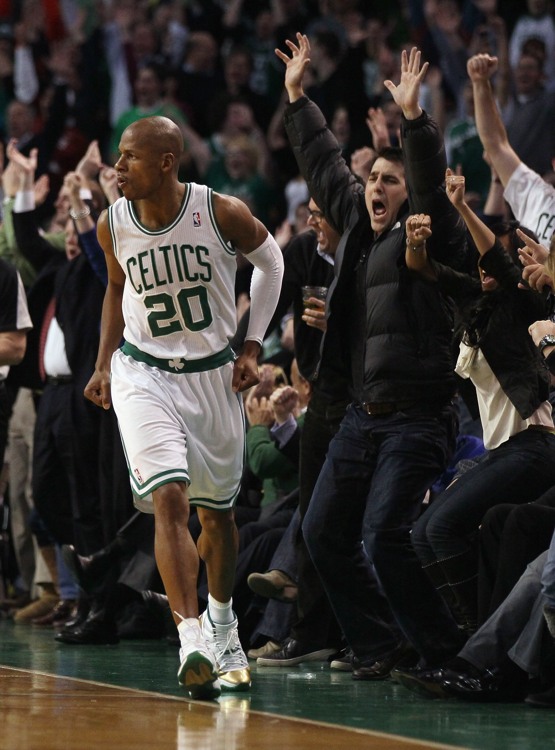BOSTON, MA - JANUARY 19:  Ray Allen #20 of the Boston Celtics celebrates his game winning shot in the fourth quarter against the Detroit Pistons on January 19, 2011 at the TD Garden in Boston, Massachusetts. The Celtics defeated the Pistons 86-82. NOTE TO